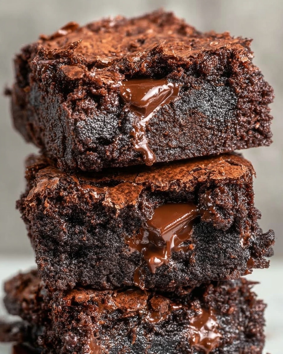 A stack of three rich, thick chocolate brownies with a slightly cracked top layer showing a dry, flaky texture in dark brown. Each brownie has a dense, moist middle layer filled with melted chocolate chunks, glossy and gooey, with visible melty streaks oozing slightly out of the sides. The bottom layer is dense and fudgy with a deep black-brown color, contrasting with the shiny melted chocolate patches. The focus is close up, showing the detailed texture of the crumb and chocolate melting inside each piece, with a soft, blurred neutral background replaced by a white marbled texture. photo taken with an iphone --ar 4:5 --v 7