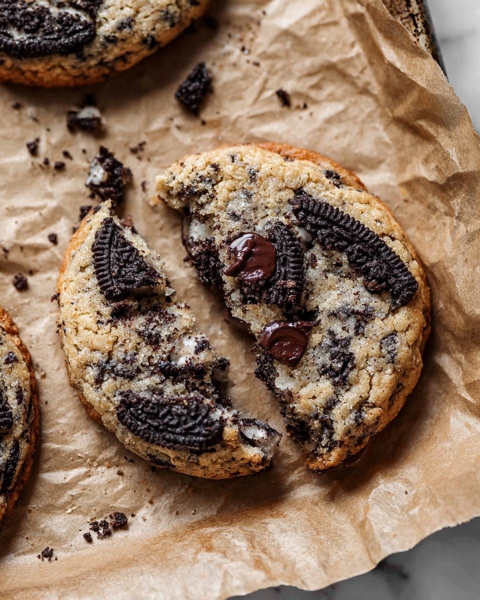A close-up image shows a round cookie with a rough, golden-brown outer edge and a soft, speckled beige inside, broken slightly on one side to reveal a chewy texture. The cookie has pieces of crushed dark chocolate sandwich cookies with cream filling scattered both inside and on the top, along with melted dark brown chocolate chips embedded throughout. The cookie rests on crinkled brown parchment paper inside a shallow baking tray. The background is a white marbled texture. photo taken with an iphone --ar 4:5 --v 7