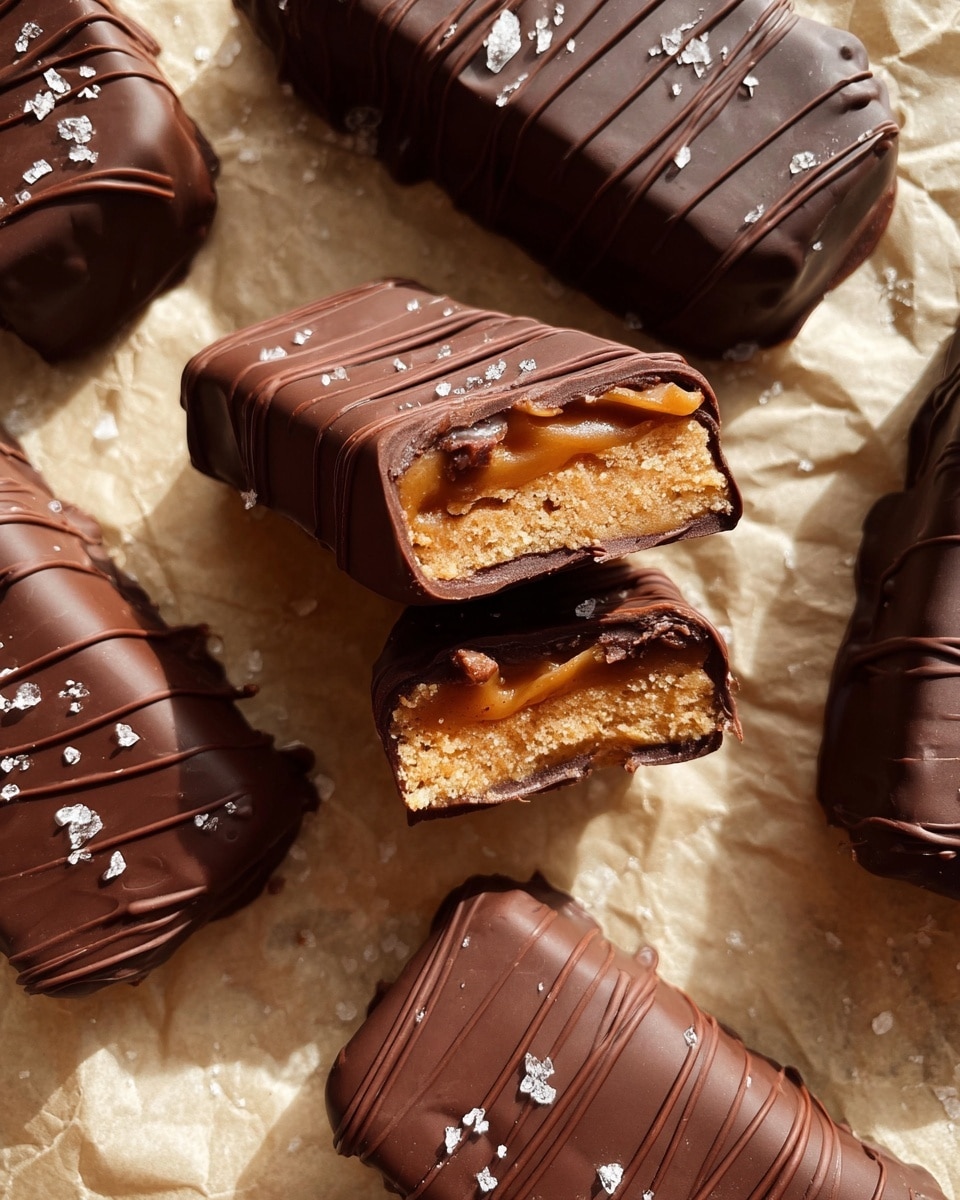Several chocolate-covered rectangular bars are placed on crinkled parchment paper with a warm light shining on them. Each bar has a smooth, dark brown chocolate coating with a drizzle of slightly darker chocolate in thin, wavy lines across the top, sprinkled with small flakes of coarse white salt. One bar is partially bitten into and sits on top of another, showing three layers inside: the bottom layer is a dense, golden brown cookie or biscuit base, the middle layer is a lighter, creamy caramel color, and the top layer is the outer chocolate shell. The background is a white marbled texture. photo taken with an iphone --ar 4:5 --v 7