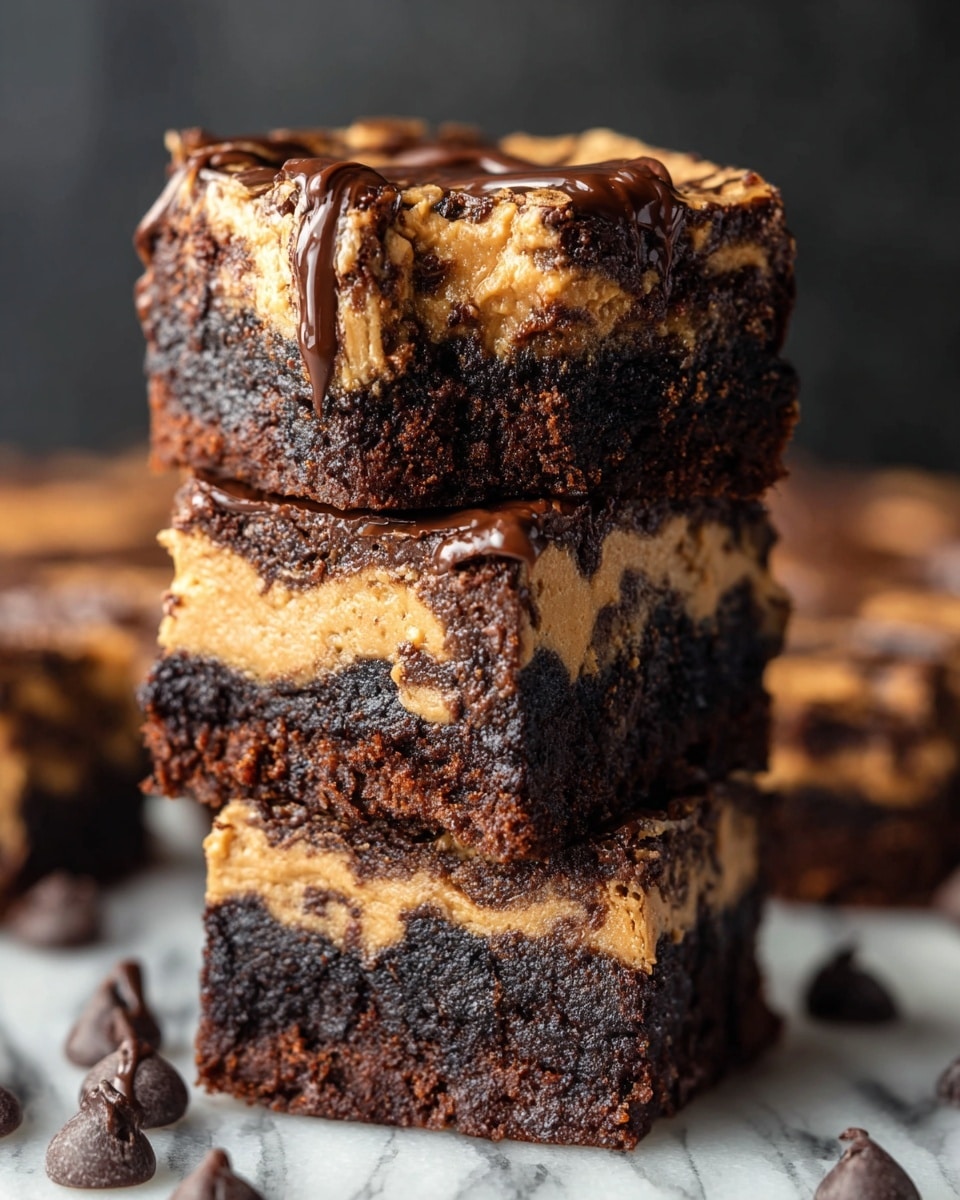 The image shows a stack of three thick brownies with two visible layers in each piece. The bottom layer is a dark, moist chocolate brownie with a slightly crumbly texture. The top layer is a creamy, light brown peanut butter swirl that blends into the chocolate layer in some spots, with melted chocolate drizzled over the top, creating a glossy, rich appearance. Around the base of the stack are scattered dark chocolate chips on a white marbled surface. The background is softly blurred with dark tones, highlighting the brownies in the foreground. photo taken with an iphone --ar 4:5 --v 7