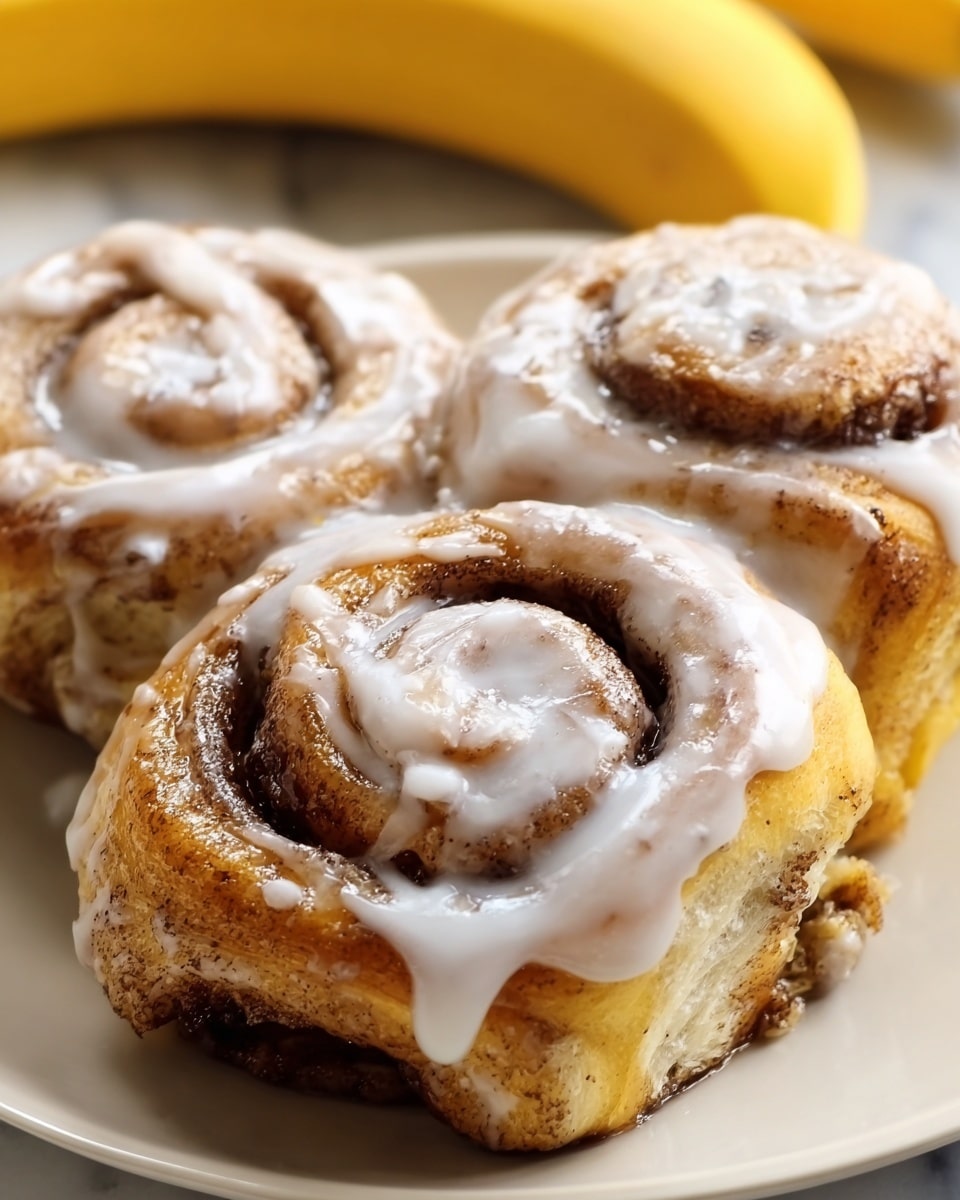 A close-up of three cinnamon rolls on a white plate, each roll showing a thick spiral of soft, golden-brown dough layered with a dark cinnamon sugar filling. The rolls are topped generously with a smooth, shiny white icing that drips slightly down the sides, adding a creamy texture. In the background, a yellow banana is partially visible, all set on a white marbled surface. photo taken with an iphone --ar 4:5 --v 7