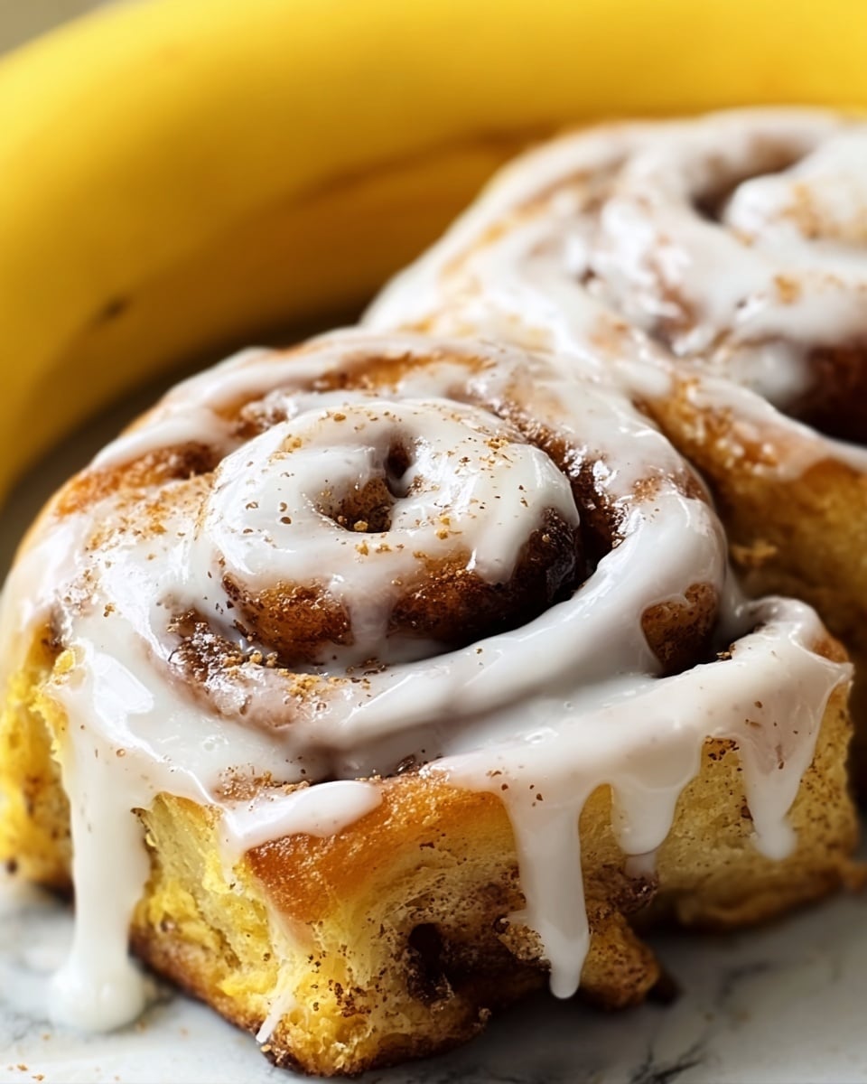 The image shows a close-up view of two cinnamon rolls topped with thick white icing that drips over the edges. The cinnamon rolls have a golden brown baked dough with visible dark cinnamon swirls layered inside. The icing is glossy and smooth with small brown specks indicating spices, covering the top and parts of the sides of the rolls. The background is a white marbled texture, and a ripe yellow banana is partially visible behind the cinnamon rolls. photo taken with an iphone --ar 4:5 --v 7