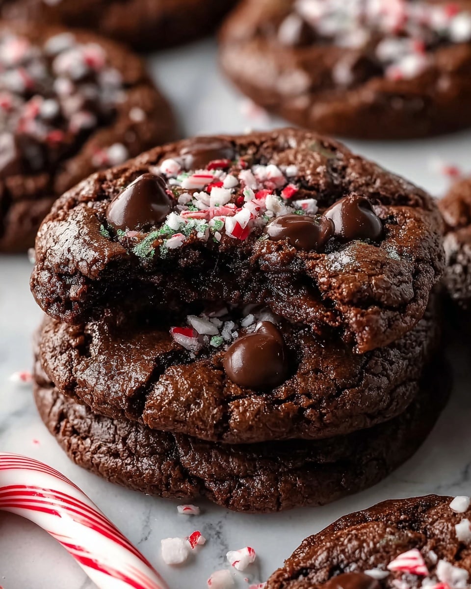 The image shows a close-up of several dark brown chocolate cookies with a cracked, slightly glossy surface and soft, gooey centers, stacked on a white marbled surface. Each cookie has thick chocolate chips on top, adding a shiny, rich texture. The top layer is sprinkled with small, white and red crushed peppermint candy pieces that add contrast and a festive look. One cookie is bitten, revealing a moist, dense interior. In the foreground, there is a white and red striped candy cane lying on the surface. The overall feel is warm and inviting, focused on the texture and color contrast of the chocolate and peppermint. photo taken with an iphone --ar 4:5 --v 7