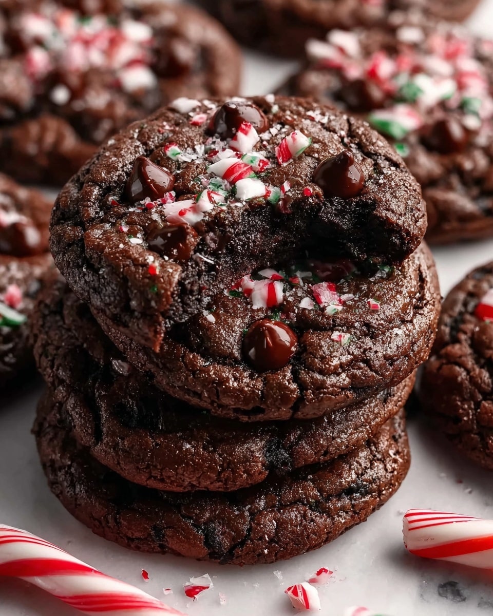 The image shows dark chocolate cookies that look soft and chewy, stacked together on a white marbled surface. Each cookie has a rough, cracked texture on top and is dotted with shiny, dark chocolate chips that are slightly melted. On top of the cookies, there are crushed pieces of red and white peppermint candy scattered unevenly, adding a festive touch. One cookie in the center has a bite taken out, revealing a gooey, moist inside that contrasts with the slightly crisp outside. A small whole candy cane with red and white stripes lies near the cookies on the surface. Photo taken with an iphone --ar 4:5 --v 7