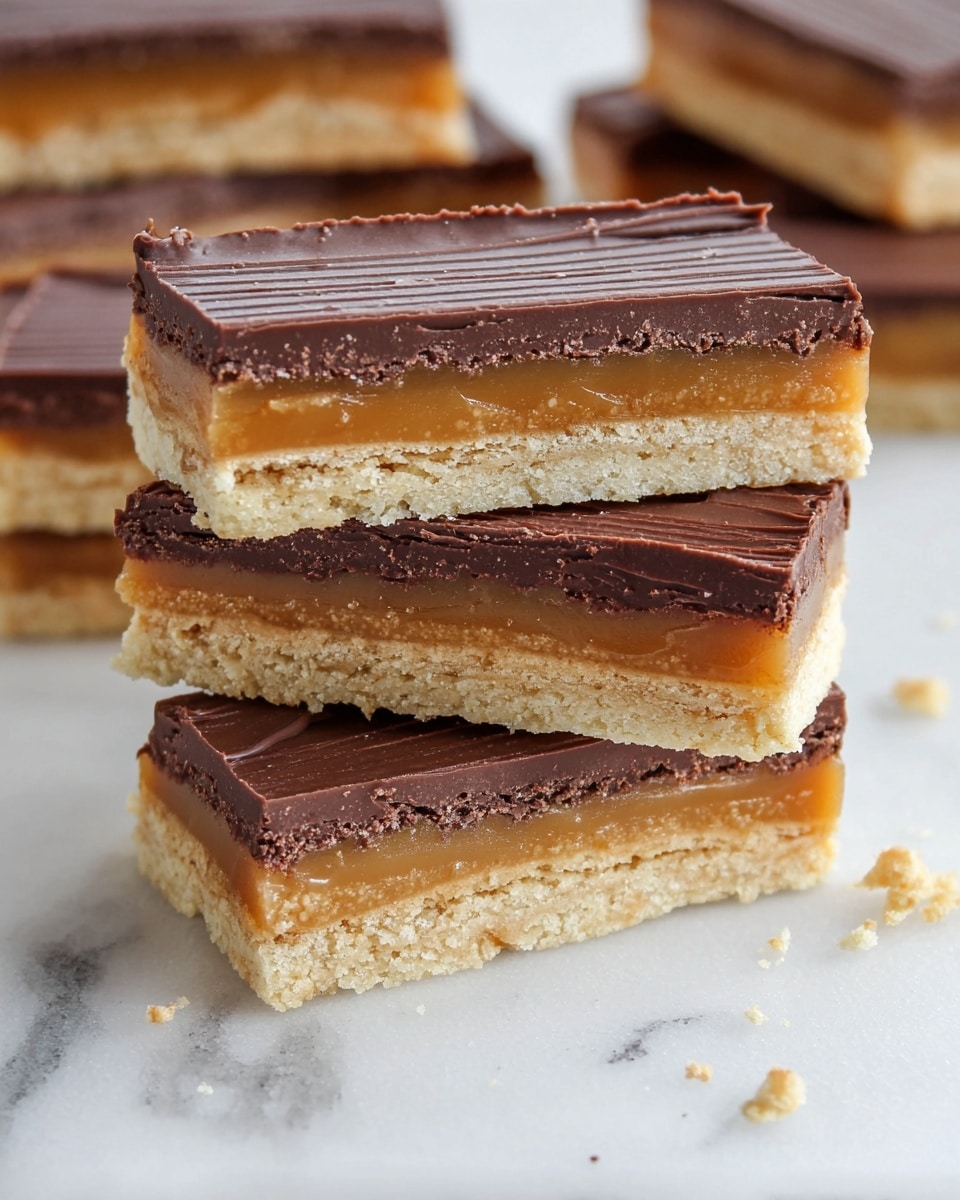 The image shows multiple layered bars with four clear layers. The bottom layer is a dark brown, smooth chocolate layer. Above it is a light beige, crumbly cookie-like layer, followed by a thick, soft caramel layer that is golden brown and slightly sticky looking. This is topped again by another light beige cookie layer, then a final thick smooth chocolate layer with small ridges on the surface. The bars are cut into rectangles and are placed on a white marbled surface with small crumbs scattered around. Photo taken with an iphone --ar 4:5 --v 7