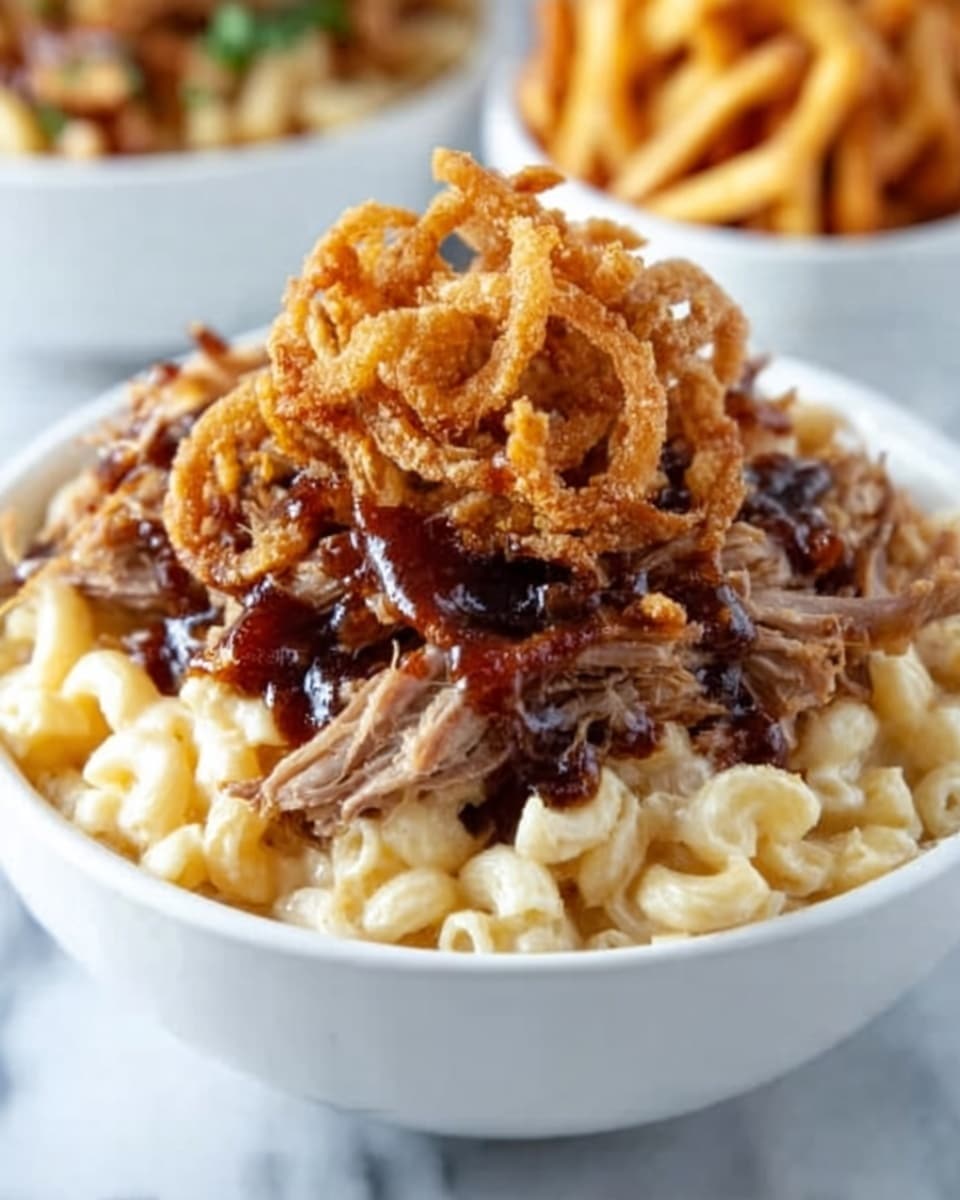 A white bowl filled with creamy macaroni and cheese forms the base layer, topped generously with shredded, tender pulled pork. On top of the pulled pork, there is a drizzle of dark brown barbecue sauce adding a glossy texture. The dish is finished with a pile of crispy, golden fried onion strings sitting at the very top, creating a crunchy contrast. The background shows another bowl with fries on a white marbled surface. Photo taken with an iphone --ar 4:5 --v 7
