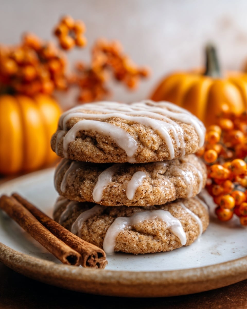 A stack of three thick cookies with a rough, cracked texture sits on a white plate with a cinnamon stick placed beside it. Each cookie is light brown with darker specks, and they are drizzled with a smooth white glaze that flows in thin lines across the top. In the background, there are orange pumpkins and bright orange berries, all set against a white marbled surface that adds a soft, clean look to the scene. The photo has a warm, cozy feel with soft lighting highlighting the details of the cookies. Photo taken with an iphone --ar 4:5 --v 7