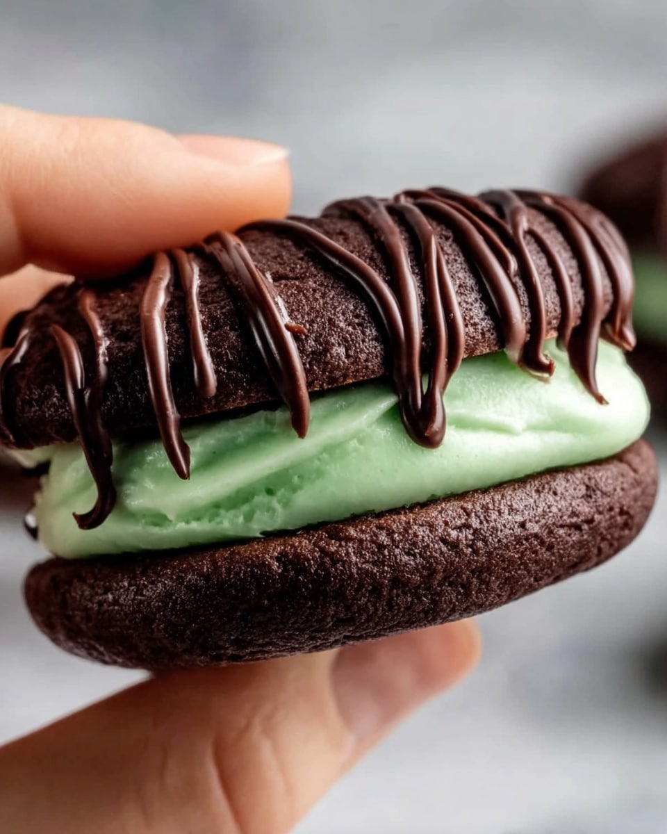 A close-up of a chocolate sandwich cookie held by a woman's hand, showing two dark brown, soft-looking cookie layers with a smooth texture. Between the cookie layers is a thick middle layer of light green, creamy mint filling. The top cookie is drizzled with thin lines of dark chocolate in a zigzag pattern, giving a glossy finish. The background is a white marbled surface, slightly blurred to keep the focus on the cookie. Photo taken with an iphone --ar 4:5 --v 7