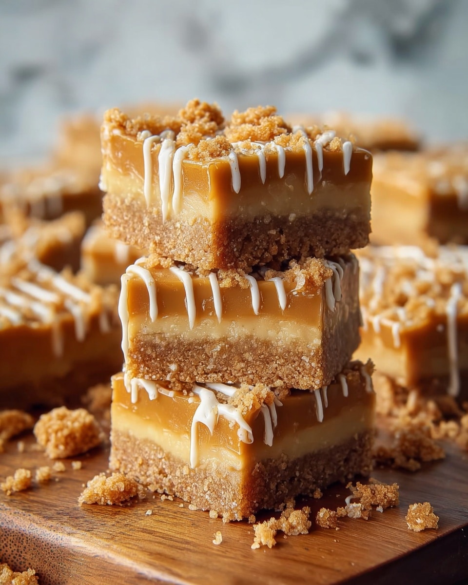 The image shows a stack of three square dessert bars, each with two distinct layers. The bottom layer is thick, crumbly, and light brown with a grainy texture, while the top layer is smooth and caramel-colored with a glossy finish. Drizzles of white icing or glaze drip down the sides from the top layer, adding a decorative touch. Crumbled pieces of the crumbly base are scattered on top and around the stack, which sits on a wooden surface with more blurred dessert bars in the background, all set against a white marbled texture. photo taken with an iphone --ar 4:5 --v 7