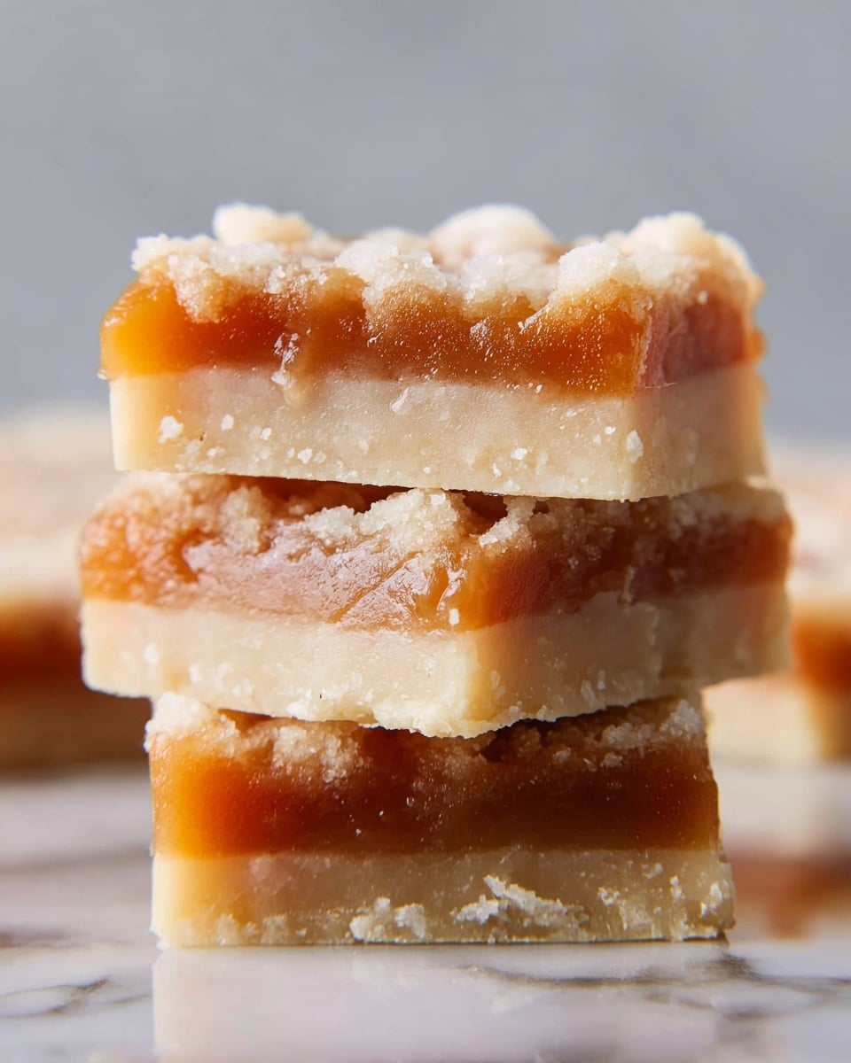 A close-up view of three square bars stacked on top of each other, each having two layers. The bottom and top layers are light beige with a crumbly, soft texture, while the middle layer is a glossy, rich amber color that looks like caramel, slightly spreading into the beige layers in uneven patches. The background is softly blurred with a white marbled texture, making the bars the clear focus of the image. photo taken with an iphone --ar 4:5 --v 7
