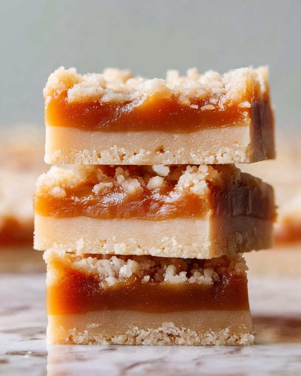 The image shows a close-up of a stack of three square dessert bars, each with two visible layers. The bottom and top layers are a pale, sandy beige color with a rough, crumbly texture that looks like a shortbread crust. Sandwiched between these layers is a thicker, glossy caramel layer that is a rich golden brown with a smooth, sticky texture, slightly oozing into the top layer. The stack sits on a surface with a white marbled texture, and the background is softly blurred with a light neutral tone. Photo taken with an iphone --ar 4:5 --v 7