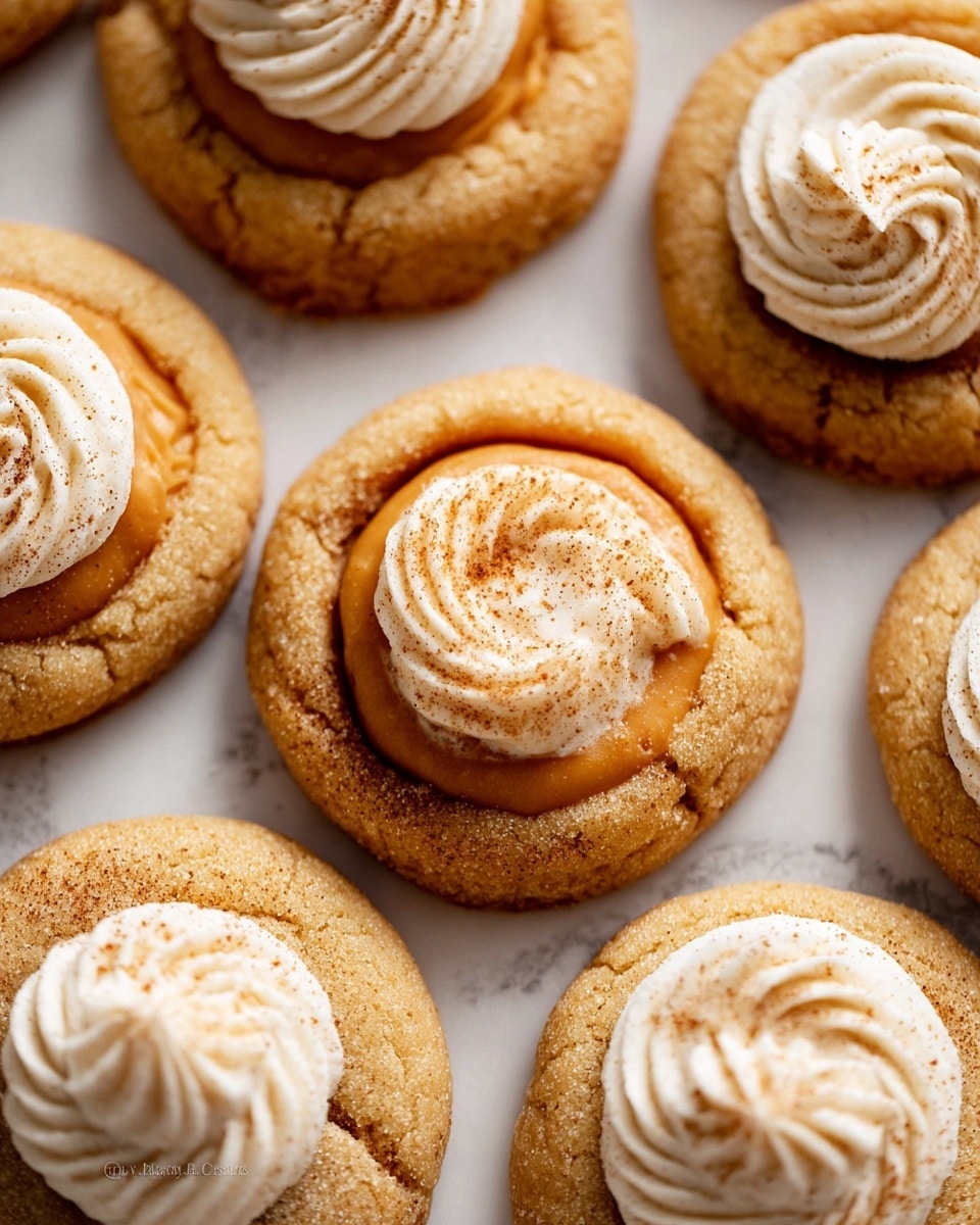 The image shows multiple round cookies placed closely on a white marbled surface. Each cookie has two layers: a golden-brown soft cookie base with a slightly cracked texture and a shallow, smooth indentation in the center. Some cookies have a smooth, light orange filling inside the center, while others are topped with a swirl of creamy white frosting sprinkled lightly with brown spice. The edges of the cookies are slightly rough, giving a homemade feel. The overall look is warm and inviting with a contrast between the soft cookie and the creamy topping. Photo taken with an iphone --ar 4:5 --v 7