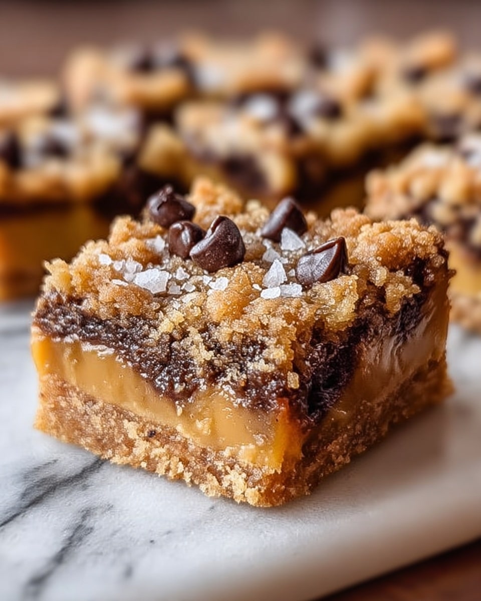A close-up view of a square dessert bar with three visible layers: the bottom layer is a dense, crumbly golden brown crust; the middle layer is a thick, smooth, creamy caramel-colored filling with embedded dark chocolate chunks; the top layer is a textured, golden brown crumb topping scattered with melted dark chocolate chips and coarse sea salt crystals. The dessert is placed on a white marbled surface, with more bars blurred softly in the background. photo taken with an iphone --ar 4:5 --v 7