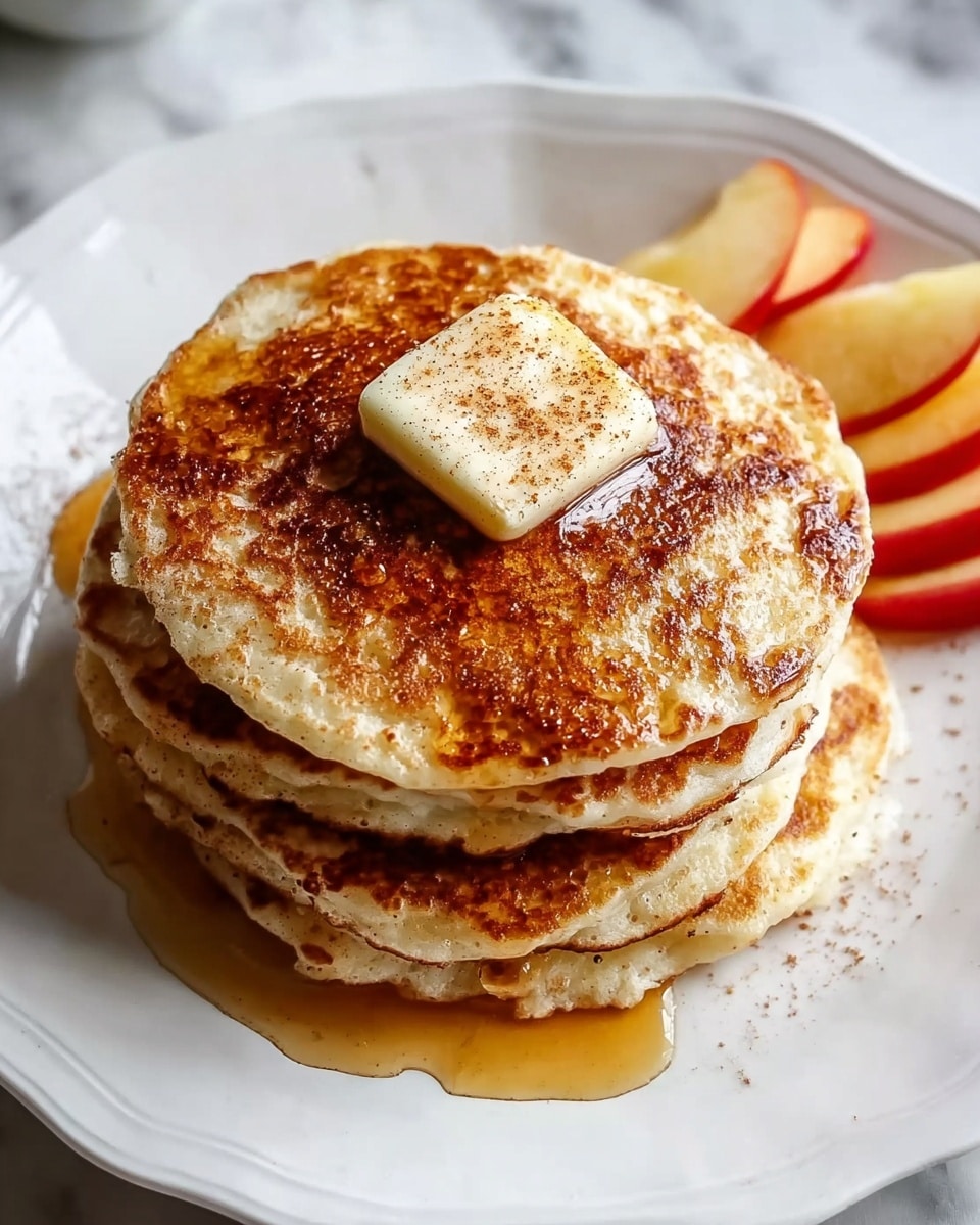 A stack of four golden-brown pancakes sits in the center of a white plate, each pancake with a slightly crispy edge and soft texture. On top of the stack is a melting square of butter sprinkled with a light dusting of cinnamon or powdered spice. Golden syrup drips down the sides of the pancakes, pooling slightly on the plate below. To the upper right on the plate, three thin slices of red apple with the skin on are neatly arranged. The plate rests on a white marbled surface. Photo taken with an iphone --ar 4:5 --v 7