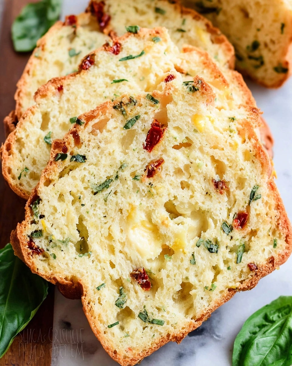 The image shows a close-up of thick slices of savory bread with a golden-brown crust. Inside, the crumb is pale yellow with an airy, soft texture, dotted with small pieces of green herbs and tiny bits of red sun-dried tomatoes evenly spread throughout. There are also small melted cheese pockets visible inside the bread, adding a creamy touch. The slices are placed on a white marbled surface, with a hint of fresh green basil leaves nearby. photo taken with an iphone --ar 4:5 --v 7