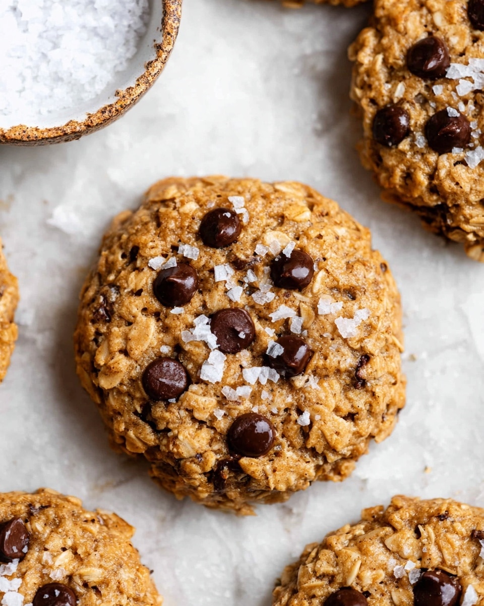 A close-up photo shows a single thick oatmeal chocolate chip cookie in the center with a rough, crumbly texture and a golden brown color with visible oats. The cookie is topped with many small, dark brown chocolate chips scattered unevenly on top, and a few large flakes of white sea salt adding contrast. Surrounding the main cookie, parts of three more similarly textured oatmeal cookies are visible, all placed on a white marbled surface, highlighting the cookies' warm tones. In the top left corner, there is a small white bowl filled with coarse salt, with a rustic rough beige edge. The photo taken with an iphone --ar 4:5 --v 7