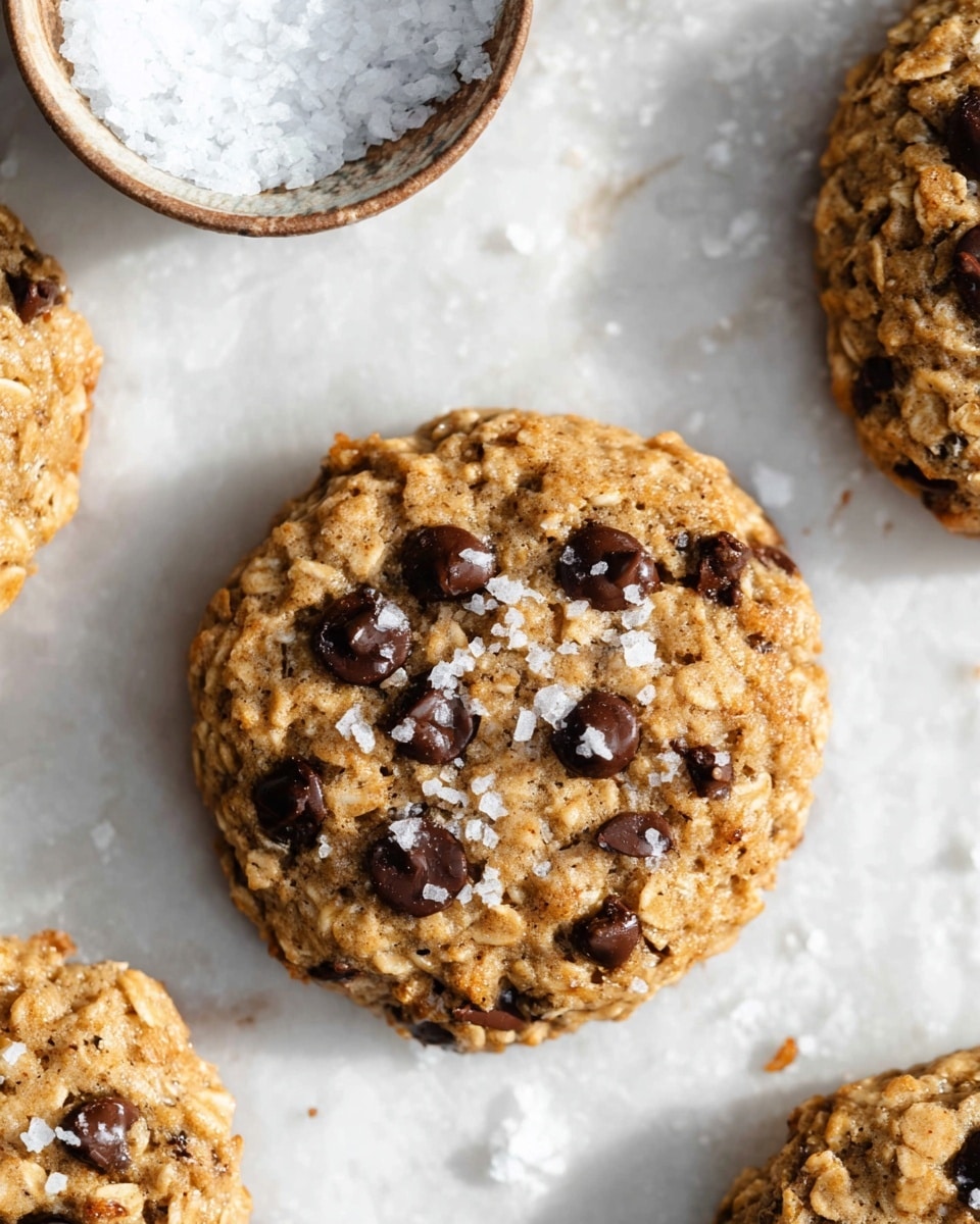The image shows a close-up of a round oatmeal cookie with a rough texture that reveals oats and chocolate chips mixed within. The cookie is light golden brown and has multiple small dark brown chocolate chips scattered on top, some partially melted into the cookie, along with visible flakes of white sea salt sprinkled evenly. Surrounding the main cookie are parts of other similar cookies, all placed on a white marbled surface that contrasts with the cookie colors. A small edge of a bowl filled with coarse white salt sits in the upper left corner. The lighting is bright and natural, making the cookies look soft and fresh. photo taken with an iphone --ar 4:5 --v 7