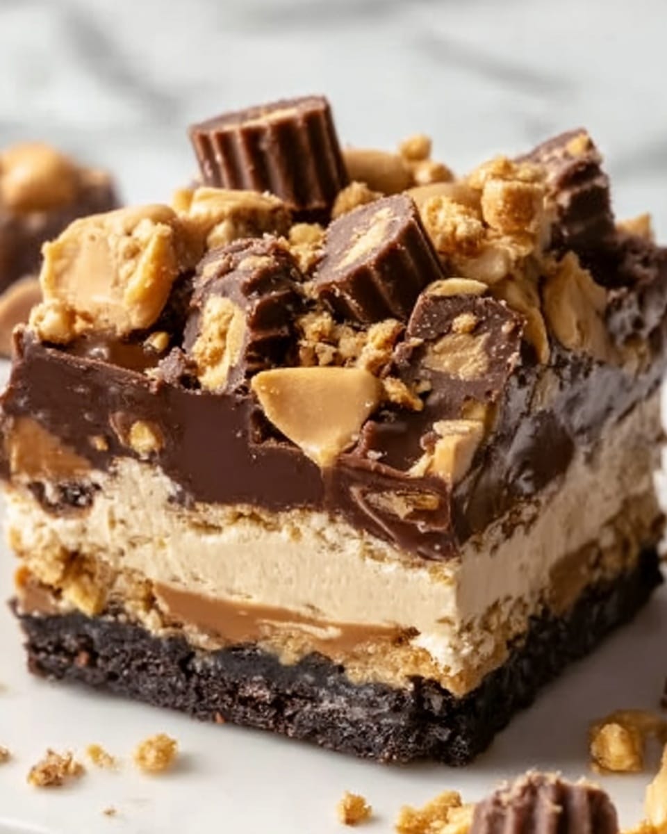 The image shows a close-up view of a thick dessert bar with multiple layers. The bottom layer is a dark chocolate crust, followed by a creamy light beige layer with a smooth texture. Above this, there is a thick layer of dark chocolate spread, which is glossy and rich in color. The top is covered with chunks of light brown peanut butter pieces, mini peanut butter cups embedded in the layer below, and small bits of crushed crunchy nuts scattered on top. The dessert looks dense and rich, with a mix of smooth, chunky, and crunchy textures. The background is a white marbled texture. photo taken with an iphone --ar 4:5 --v 7