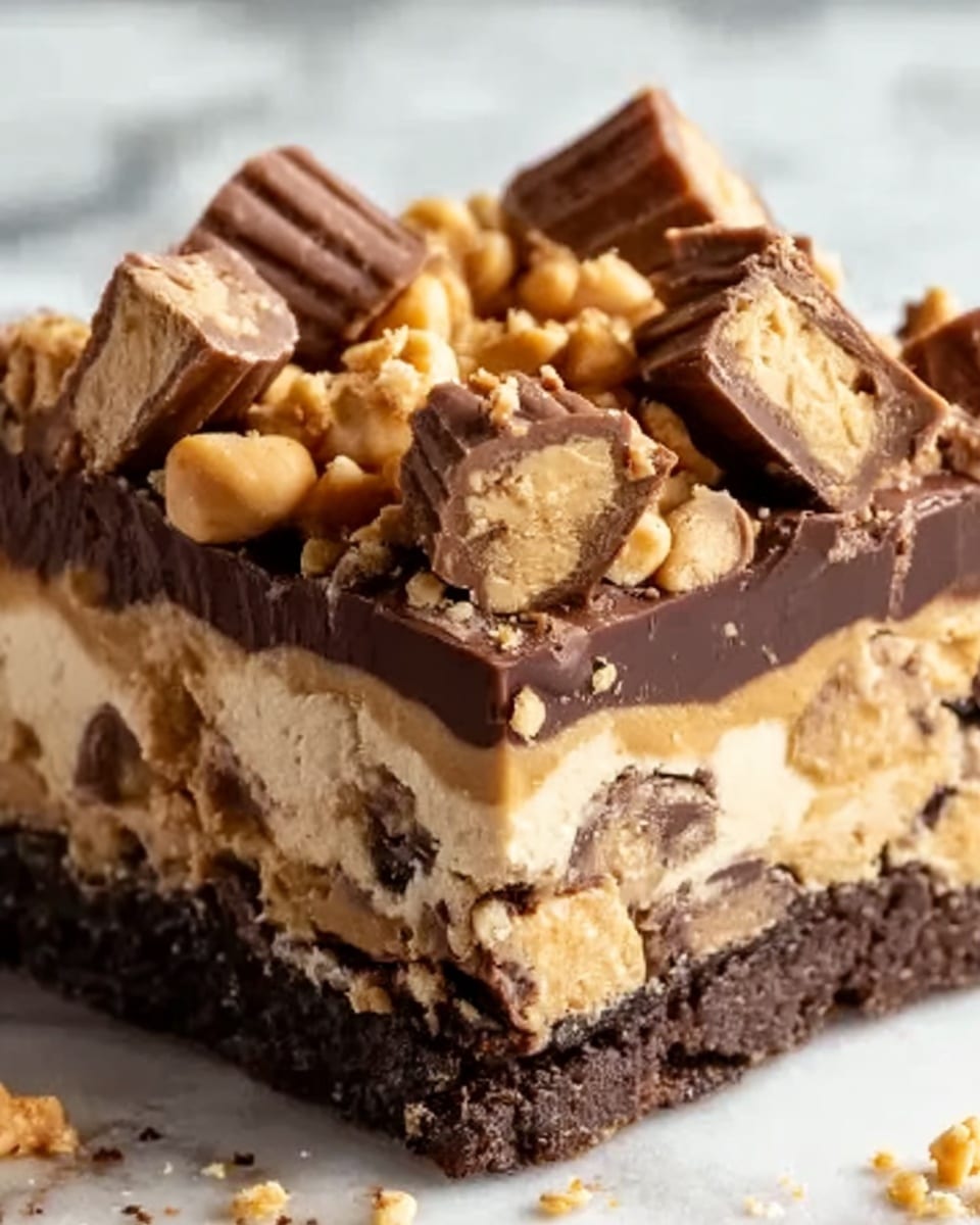 This image shows a thick, square dessert bar with many layers. The bottom layer is a dense, dark brown base that looks like chocolate cookie crust. Above that is a creamy, light tan peanut butter layer with a soft texture. On top of this is a dark chocolate layer that has a slightly shiny, smooth surface. Scattered across the top are chunks of light brown peanut butter candy pieces and some rolled peanut butter cups partially embedded in the layers. The dessert looks rich and dense with a mix of creamy and crunchy textures. The background is a white marbled texture. Photo taken with an iphone --ar 4:5 --v 7