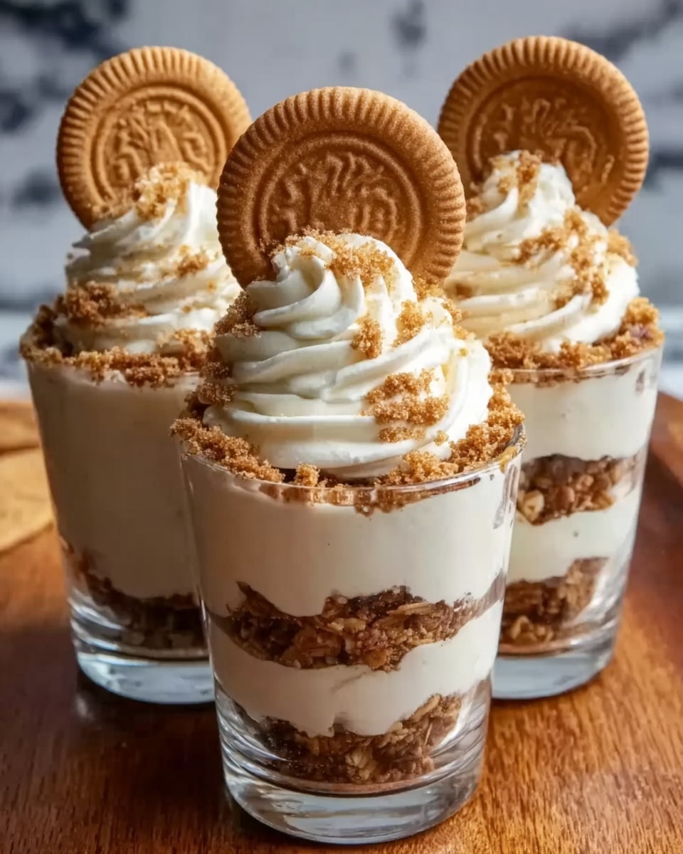 Three clear glass cups filled with a layered dessert are shown on a white marbled surface. Each cup has three main layers: a bottom layer of crumbly, golden brown cookie crumbs, a thick middle layer of smooth, creamy white filling, and a top layer of swirled whipped cream, decorated with crushed crumbs and topped with a whole round cookie with a carved pattern. The texture contrasts between the crumbly bottom, creamy middle, and fluffy top are clear. The light shines softly, highlighting the dessert’s rich textures. Photo taken with an iphone --ar 4:5 --v 7