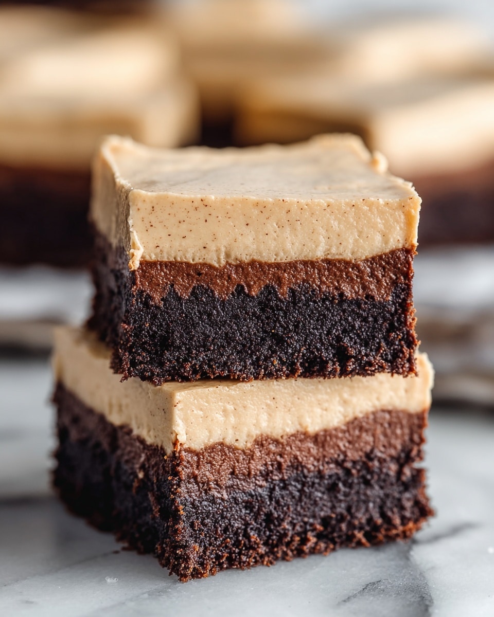 Two square pieces of dessert stacked on each other, each with two layers; the bottom layer is thick, dark brown, and crumbly, resembling rich chocolate cake, while the top layer is a creamy, light beige with visible small specks, smooth but slightly textured on top. The edges of the dessert are clean-cut, showing clear separation between the dark and light layers. The background is softly blurred with hints of more dessert pieces, resting on a white marbled surface. photo taken with an iphone --ar 4:5 --v 7