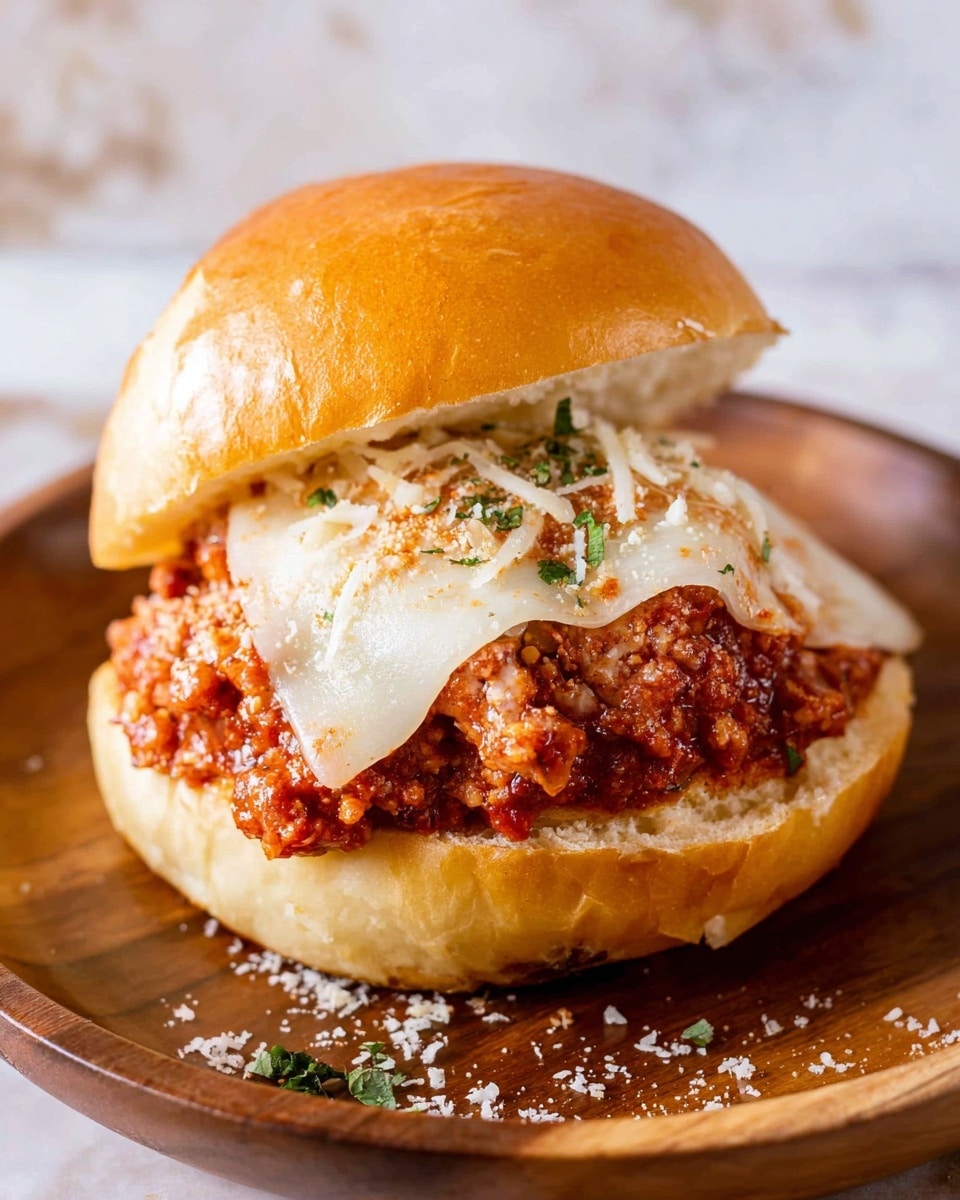 A sandwich with two golden brown shiny soft buns, the bottom bun topped with a layer of white melted cheese slices, a thick layer of chunky red meat sauce with bits of ground meat and herbs, sprinkled with light tan grated cheese shavings and small green herb pieces on top; the top bun is slightly lifted to show the fillings, all placed on a round wooden plate set on a white marbled textured surface photo taken with an iphone --ar 4:5 --v 7