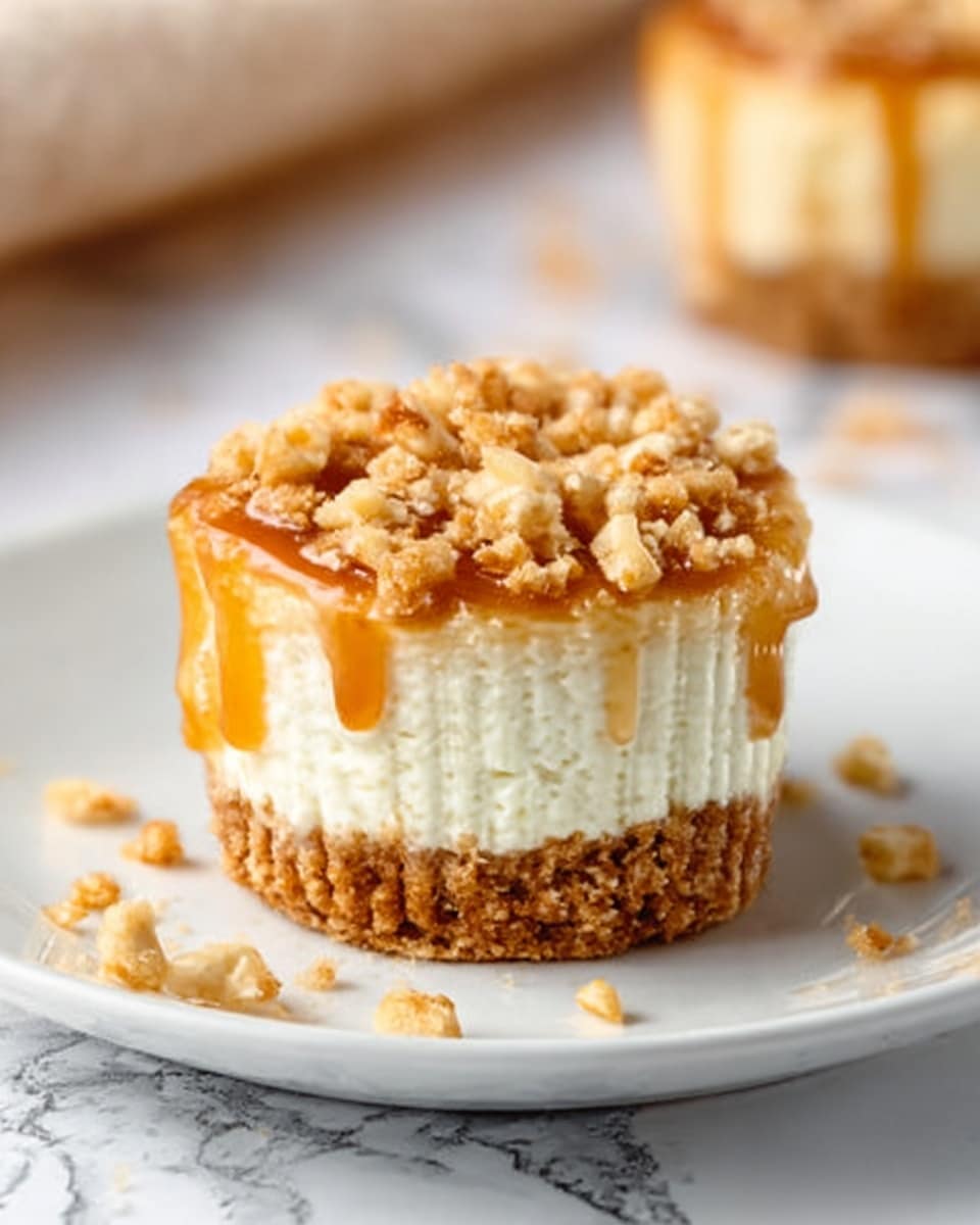 The image shows a single mini cheesecake served on a white plate with a few small crumbs around it. The cheesecake has three clear layers: a thick, crumbly golden-brown crust at the bottom, a smooth and creamy white middle layer of cheesecake filling, and a top layer covered in a golden caramel drizzle with scattered crushed nuts that add texture. The background features a white marbled surface, creating a clean and bright setting. Photo taken with an iphone --ar 4:5 --v 7