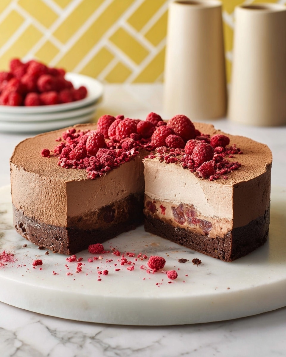 A round cake sits on a large white marble plate, showing three distinct layers: the bottom layer is dark brown and dense, the middle layer is a lighter brown with bits of red fruit embedded, and the top layer is a thick, smooth chocolate mousse with a light brown color. The top of the cake is sprinkled with crushed and whole freeze-dried raspberries in bright red, adding texture and color contrast. A slice is cut out and slightly pulled out from the cake, revealing the clean layered edges. There are some scattered crushed raspberries on the plate and around the cake. In the background is a soft-focused yellow and white wall pattern, and to the side are two tall beige containers and a white plate with more raspberries, all set on a white marbled surface. photo taken with an iphone --ar 4:5 --v 7