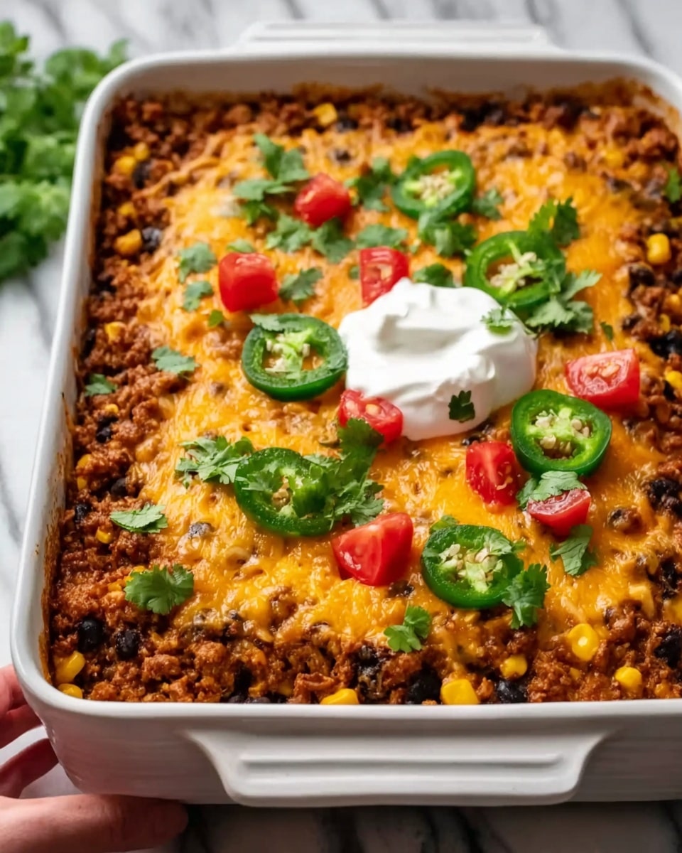The image shows a layered baked dish in a rectangular blue baking dish placed on a white marbled surface. The bottom layer appears to be a mix of browned ground meat and small diced vegetables in rich brown and red tones, topped with a generous layer of melted bright yellow cheddar cheese spreading evenly over the top. The texture contrasts between the chunky, slightly crumbly meat layer and the smooth, gooey cheese layer above it. A white cloth is casually placed beside the baking dish, adding a soft touch to the composition. Photo taken with an iphone --ar 4:5 --v 7