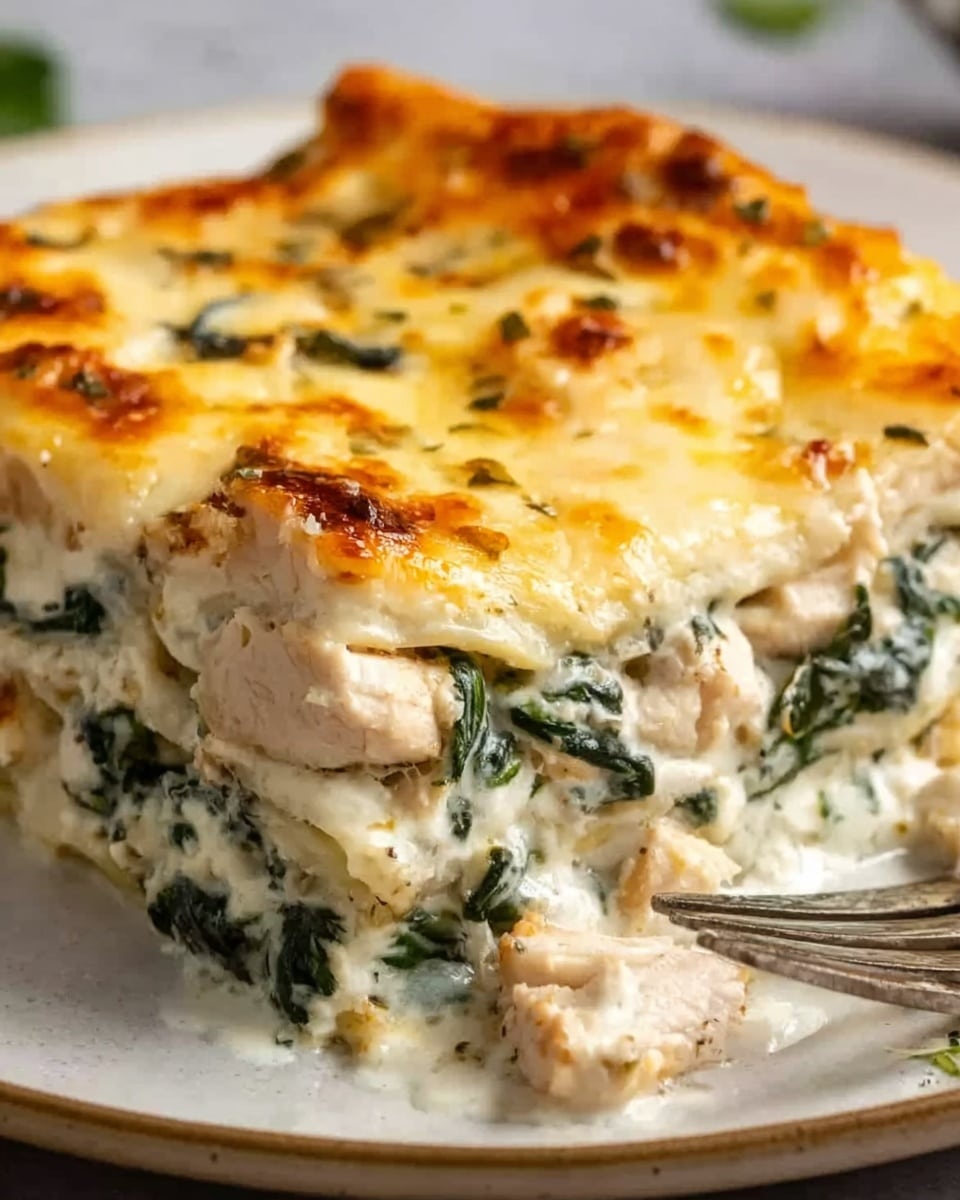 The image shows a close-up of a slice of baked spinach and chicken casserole. The dish has three main layers: the bottom layer is white and creamy, likely made from cheese or sauce, topped with small pieces of cooked white chicken mixed with chopped spinach, which is dark green and soft. The top layer is golden brown melted cheese with crispy edges. The casserole is on a white plate set on a white marbled surface. The texture looks creamy and cheesy with a bit of crunch on top. Photo taken with an iphone --ar 4:5 --v 7