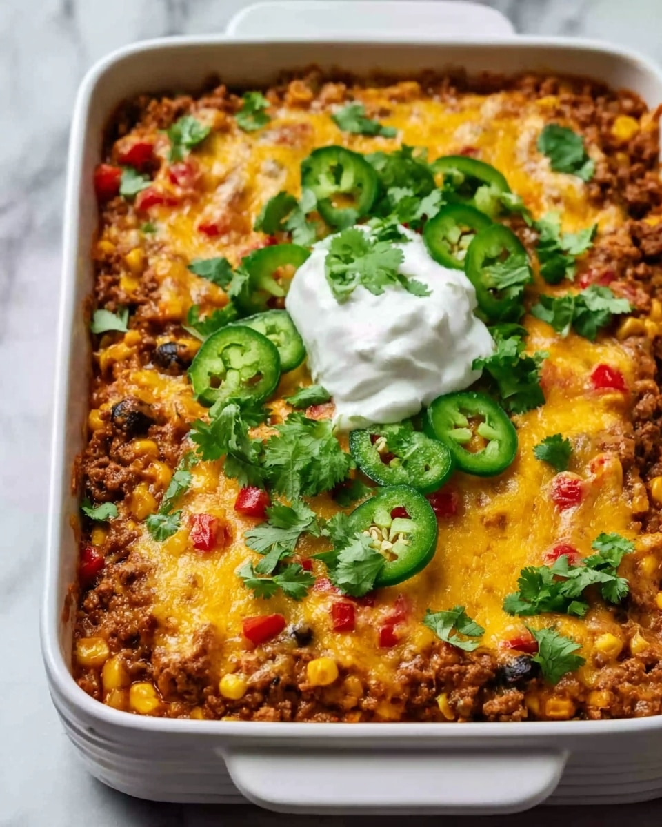 A white rectangular baking dish filled with a layered casserole. The bottom layer is made of ground meat mixed with corn and black beans, showing a chunky, dark brown texture spotted with yellow and black. On top of this is a layer of melted bright orange cheddar cheese, covering the meat evenly with a smooth, glossy look. Scattered over the cheese are sliced green jalapeños, chopped red tomatoes, and fresh green cilantro leaves, adding a fresh and colorful touch. In the center is a dollop of white sour cream, standing out against the warm colors of the dish. The dish is placed on a white marbled surface, and near the corner, a woman's hand is holding the side of the dish. Photo taken with an iphone --ar 4:5 --v 7