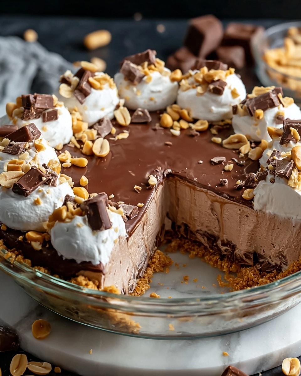 A round chocolate pie with three clear layers: the bottom is a light brown crumbly crust, the middle is a thick, creamy light chocolate mousse, and the top is a smooth darker chocolate layer. Around the edge of the pie, there are eight dollops of white whipped cream, each topped with small pieces of chopped nuts and chunks of dark chocolate, along with whole peanuts scattered between the dollops. The pie is in a clear glass pie dish, and some melted chocolate slightly drips over the side. The pie sits on a white marbled surface with scattered peanuts around it. photo taken with an iphone --ar 4:5 --v 7