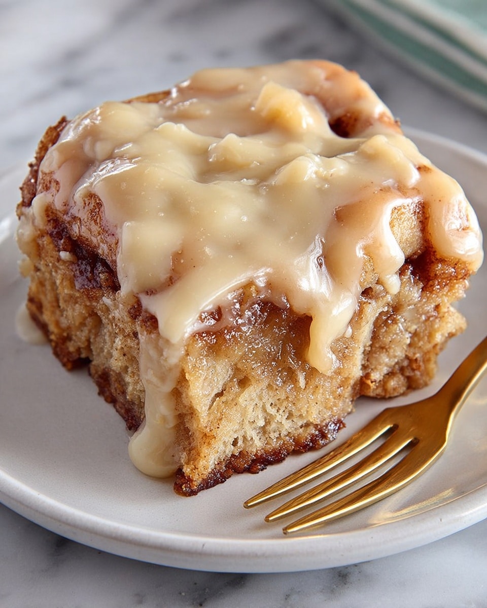 A single thick slice of cinnamon roll sits on a white plate placed on a white marbled surface, showing dense, soft, and moist layers of light brown dough swirled with darker cinnamon filling. The cinnamon roll is topped with a thick, creamy light beige glaze that drips over the edges, giving a shiny and smooth texture to the top. A gold fork is placed beside the plate in the background. photo taken with an iphone --ar 4:5 --v 7