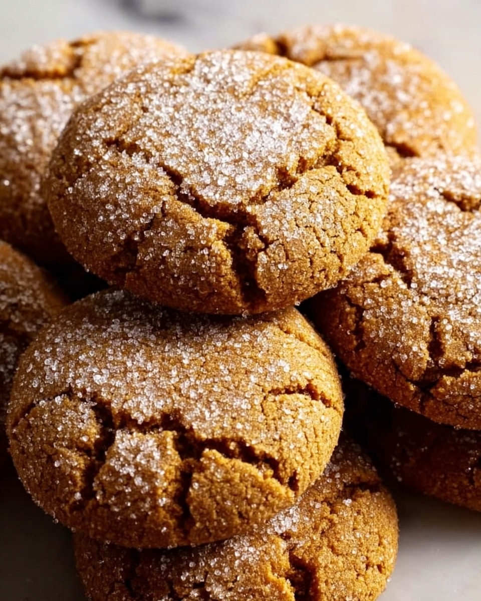 A close-up view of several round, golden brown cookies stacked together, each cookie showing cracked tops with a slightly rough texture, and a light coating of granulated white sugar dusted unevenly on the surface, giving them a sparkling look. The cookies have a warm, cozy appearance with some darker spots in the cracks, showing a soft yet firm texture. They are placed on a white marbled surface. Photo taken with an iphone --ar 4:5 --v 7