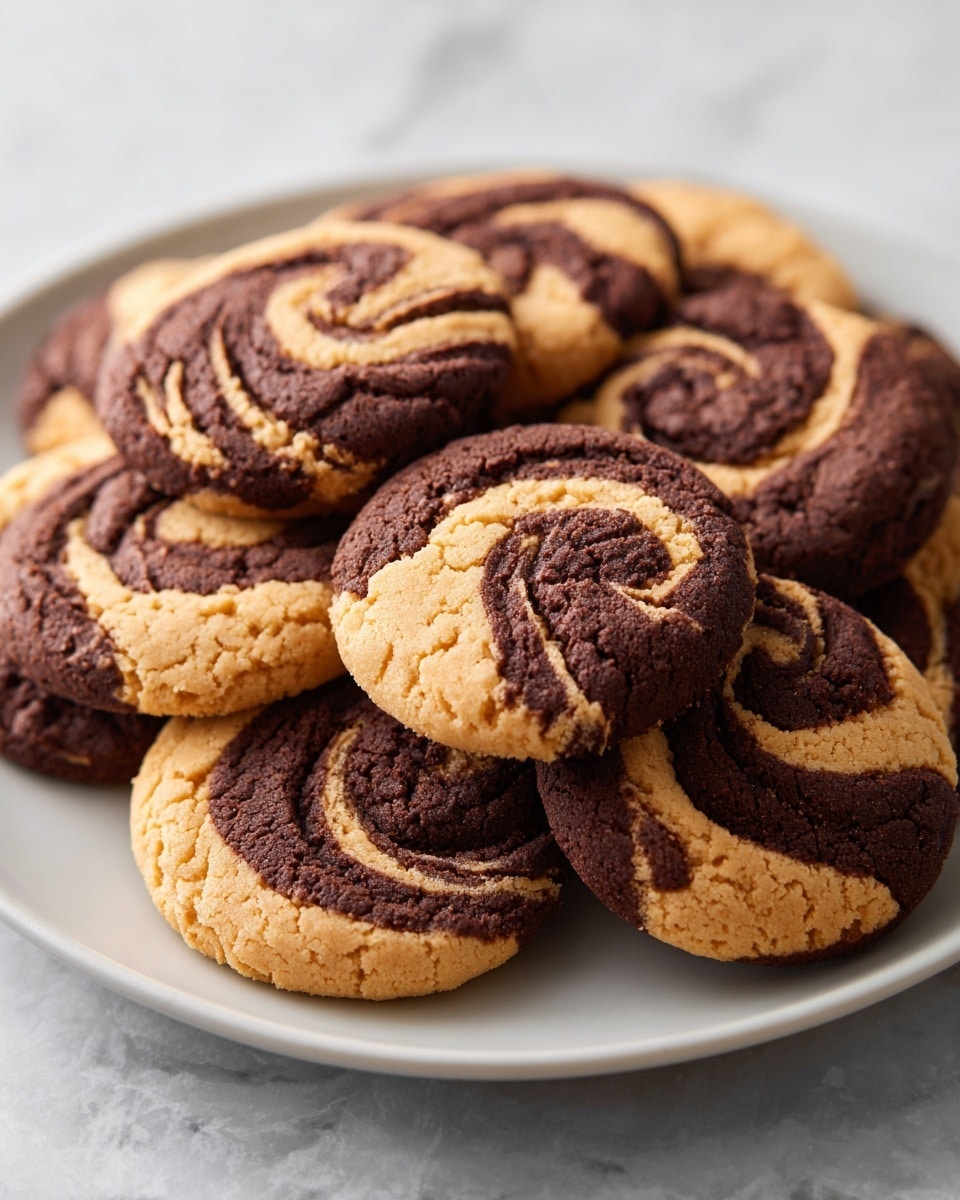 A white round plate holds seven thick cookies with a marbled swirl pattern, mixing dark brown chocolate dough and light tan peanut butter dough. Each cookie shows a smooth texture with visible cracks, the chocolate dough darker and rougher, the peanut butter dough lighter and creamy-looking, both twisted together in a spiral shape. The plate is placed on a white marbled surface, and the cookies grow larger and closer in focus toward the front of the image. photo taken with an iphone --ar 4:5 --v 7