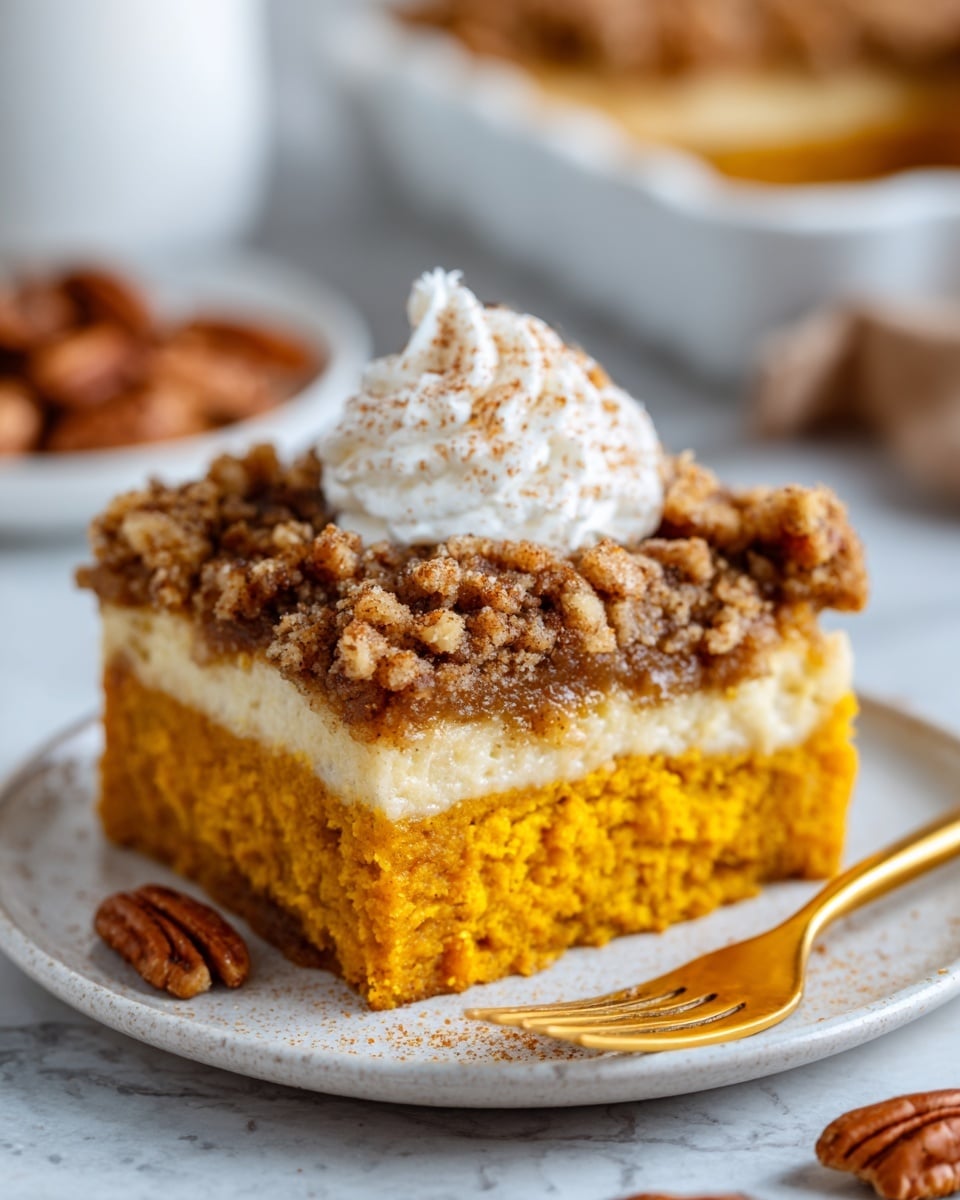 The image shows a square piece of pumpkin cake on a white plate, sitting on a white marbled surface. The cake has three layers: a moist orange pumpkin base at the bottom, a light cream cheese layer in the middle, and a crumbly brown pecan streusel topping with pecans scattered on top. A dollop of white whipped cream with a sprinkle of cinnamon sits at the center on top of the streusel. A gold fork rests beside the cake on the plate, with a blurred white dish filled with more cake pieces in the background. Photo taken with an iphone --ar 4:5 --v 7