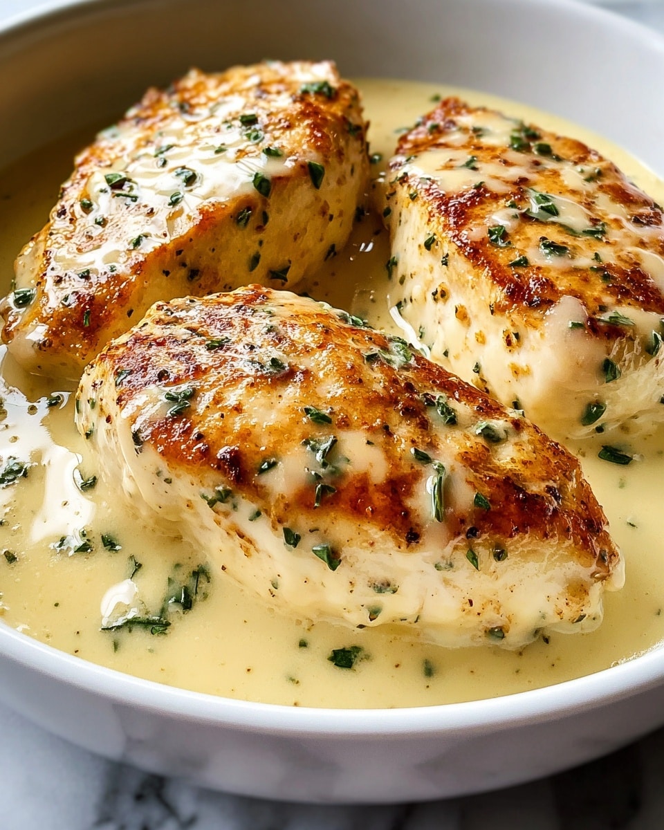 A close-up of three cooked chicken breasts in a white bowl, each piece having a golden brown, slightly crispy top layer with a creamy white sauce covering the sides. The sauce is smooth and light yellowish in color, pooling around the base of the chicken, with small green herb pieces sprinkled on top and in the sauce. The chicken pieces are arranged closely together, filling most of the bowl, all placed on a white marbled surface. photo taken with an iphone --ar 4:5 --v 7