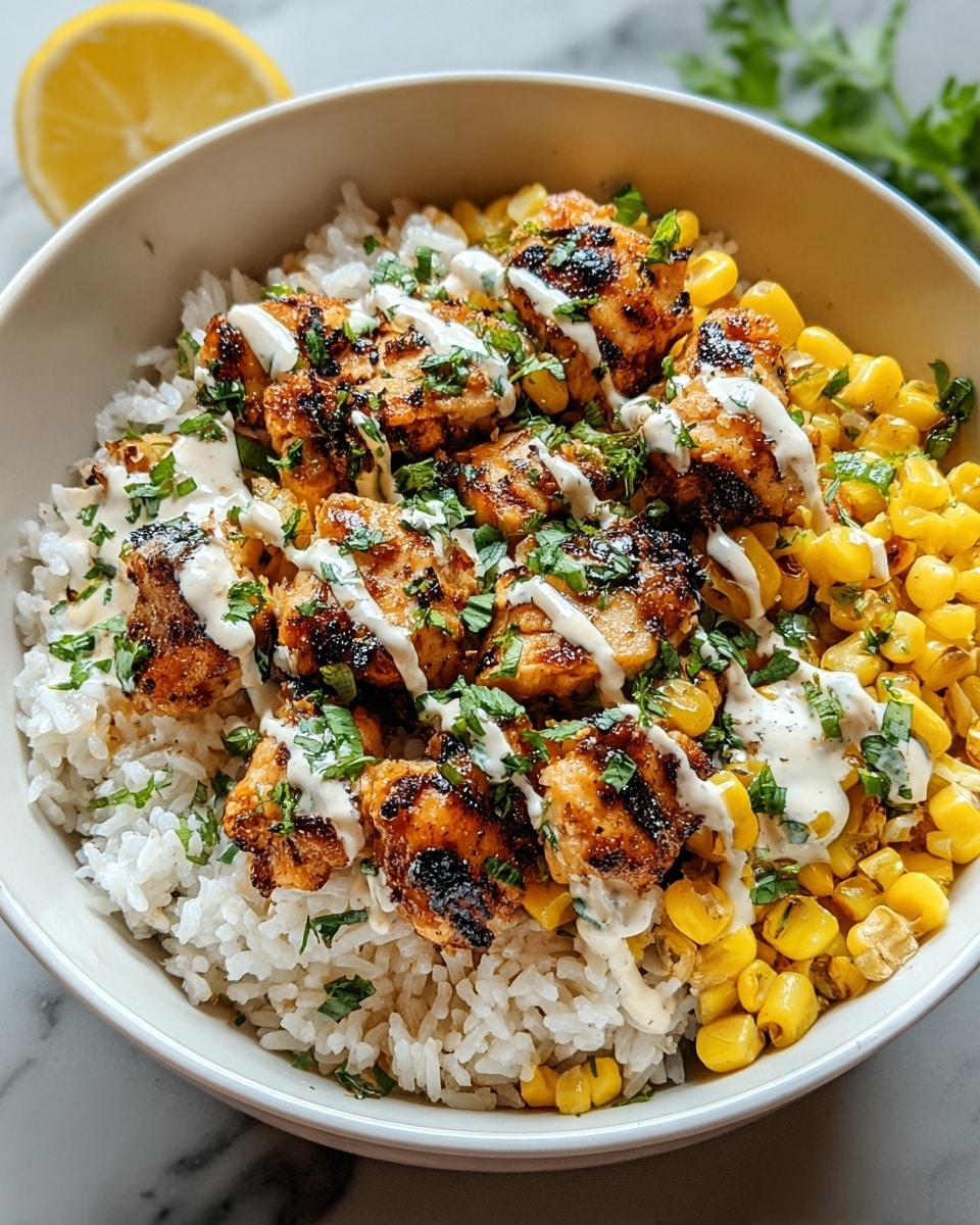 A white bowl filled with three main layers: the bottom layer is white rice with a fluffy texture, the middle layer is bright yellow corn kernels scattered evenly, and the top layer consists of grilled chicken pieces that are golden-brown with some charred black spots, drizzled with a light cream-colored sauce and sprinkled with fresh green chopped herbs. The bowl sits on a white marbled surface with a wedge of lemon and some green herbs in the background. photo taken with an iphone --ar 4:5 --v 7