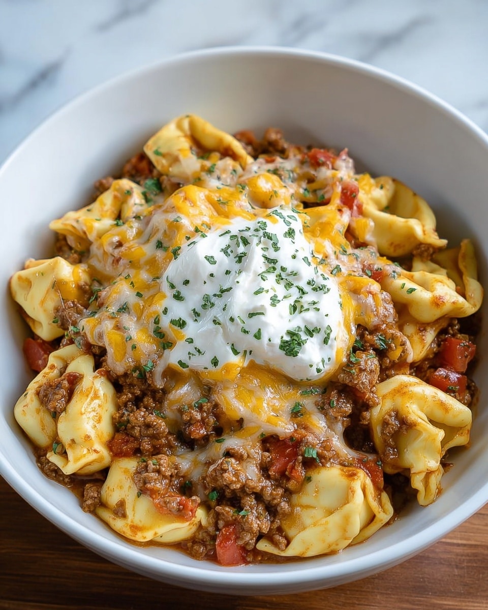 A white bowl filled with layered tortellini pasta mixed with browned ground meat and small pieces of red tomato, topped with melted yellow and white shredded cheese, a dollop of white sour cream in the center, and sprinkled with fresh green chopped herbs. The tortellini have a smooth, yellow texture and are folded into small ring shapes. Photo taken with an iphone --ar 4:5 --v 7