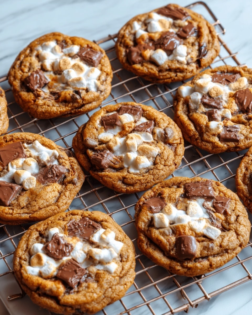 The image shows eight warm cookies cooling on a thin silver metal wire rack placed on a white marbled surface. The cookies are golden brown, thick, and soft with a slightly cracked top. Each cookie has melted white marshmallows and shiny milk chocolate chunks scattered across the surface, giving a gooey texture. The cookies look freshly baked with chewy centers and slightly crisp edges. The color contrast between the golden cookie dough, white marshmallows, and dark chocolate pieces adds a rich and inviting look. Photo taken with an iphone --ar 4:5 --v 7
