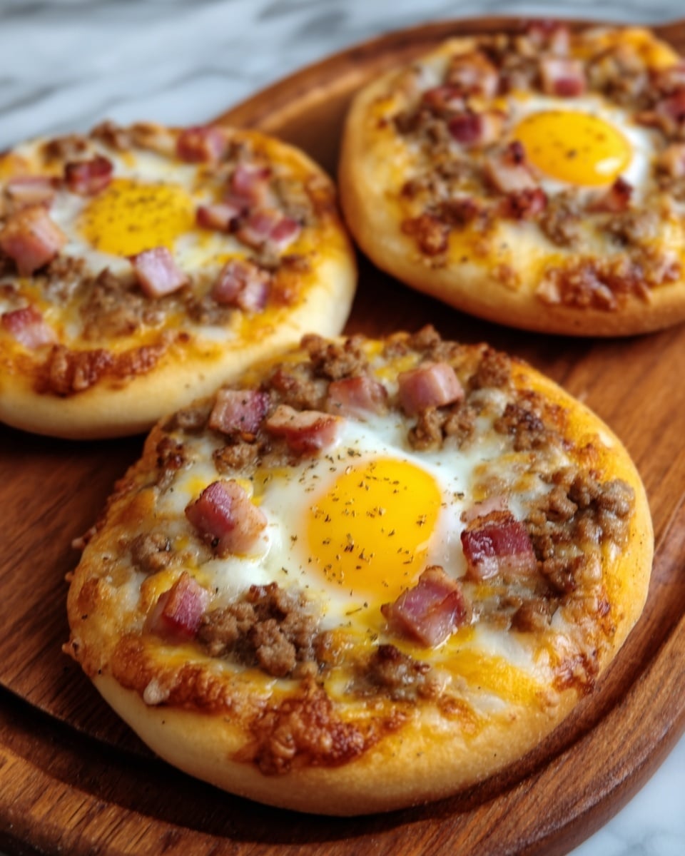 The image shows three small round pizzas on a wooden board. Each pizza has a thick golden-brown crust at the bottom. On top, there is a layer of melted cheese that is light yellow with some brown spots. Pieces of cooked ground meat, small cubes of ham, and bits of bacon are spread evenly over the cheese. In the center of each pizza, there is a bright yellow cooked egg with a slightly runny yolk. The textures look soft and crispy, and the colors range from golden brown on the crust to yellow and light brown on the toppings. The background is a white marbled surface. Photo taken with an iphone --ar 4:5 --v 7