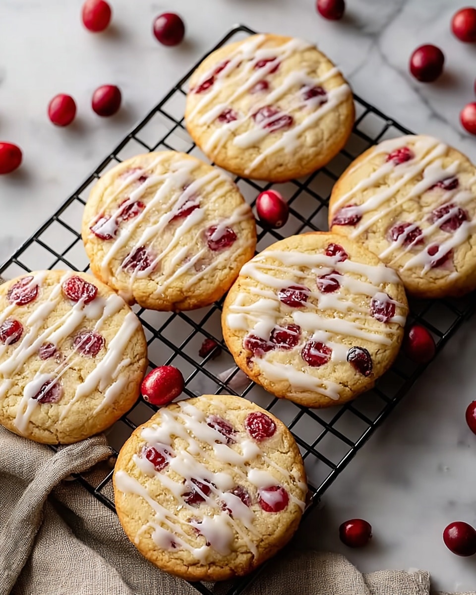Six round cookies with a light golden-brown base are laid on a black cooling rack over a white marbled surface. The cookies have bright red cranberries embedded evenly on top, with a white glaze drizzled in thin stripes across each one. Fresh whole cranberries are scattered loosely around the rack, and a soft beige cloth is seen under one corner of the rack. The lighting shows the soft, slightly cracked texture of the cookies clearly. photo taken with an iphone --ar 4:5 --v 7