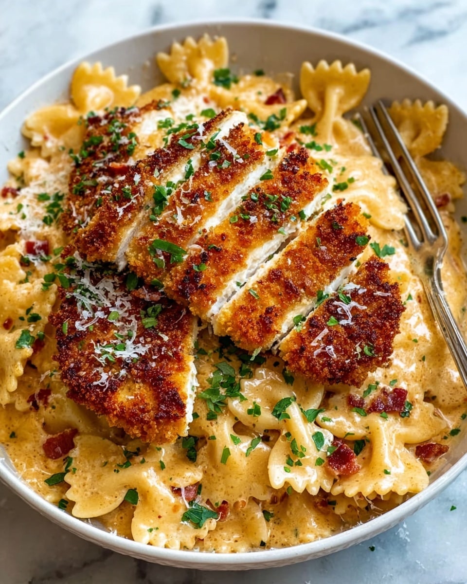 A white bowl filled with creamy bow-tie pasta coated in a thick, light orange sauce with small bits of red bacon and green herbs mixed throughout. On top of the pasta are four pieces of golden-brown breaded chicken, sliced to show the white inside. The chicken is sprinkled with finely chopped green herbs and some grated white cheese. A silver fork rests on the right side of the bowl, partially inserted into the pasta. The bowl is set on a white marbled surface, and the image has a warm, inviting tone. photo taken with an iphone --ar 4:5 --v 7