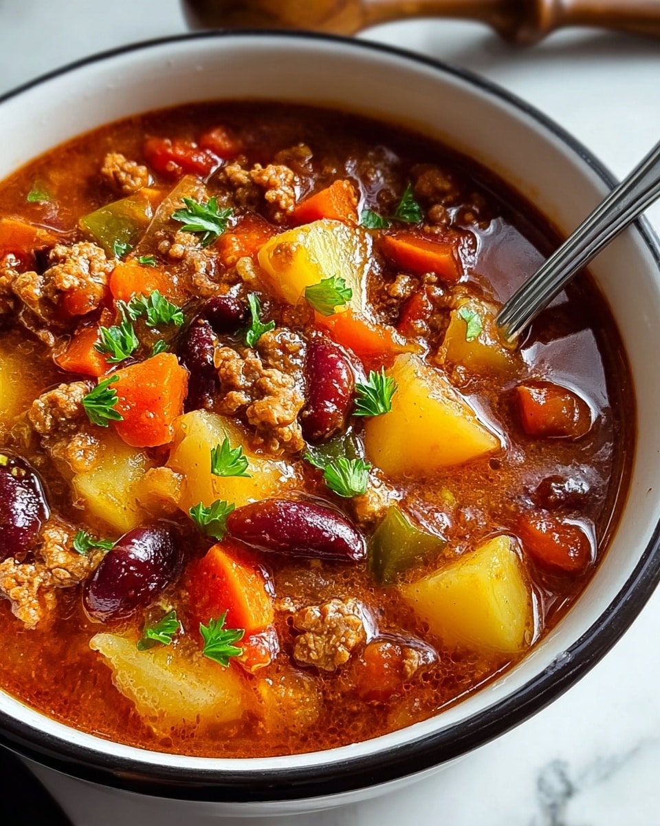 A close-up view of a thick stew in a white bowl with a black rim, showing a rich red-brown broth filled with chunky pieces of yellow potato, bright orange carrot slices, red kidney beans, and small browned crumbles of ground meat, all mixed together and topped with small green parsley leaves scattered evenly across the surface. A silver spoon is resting on the side inside the bowl, which is placed on a white marbled surface with a wooden item blurred in the background. Photo taken with an iphone --ar 4:5 --v 7