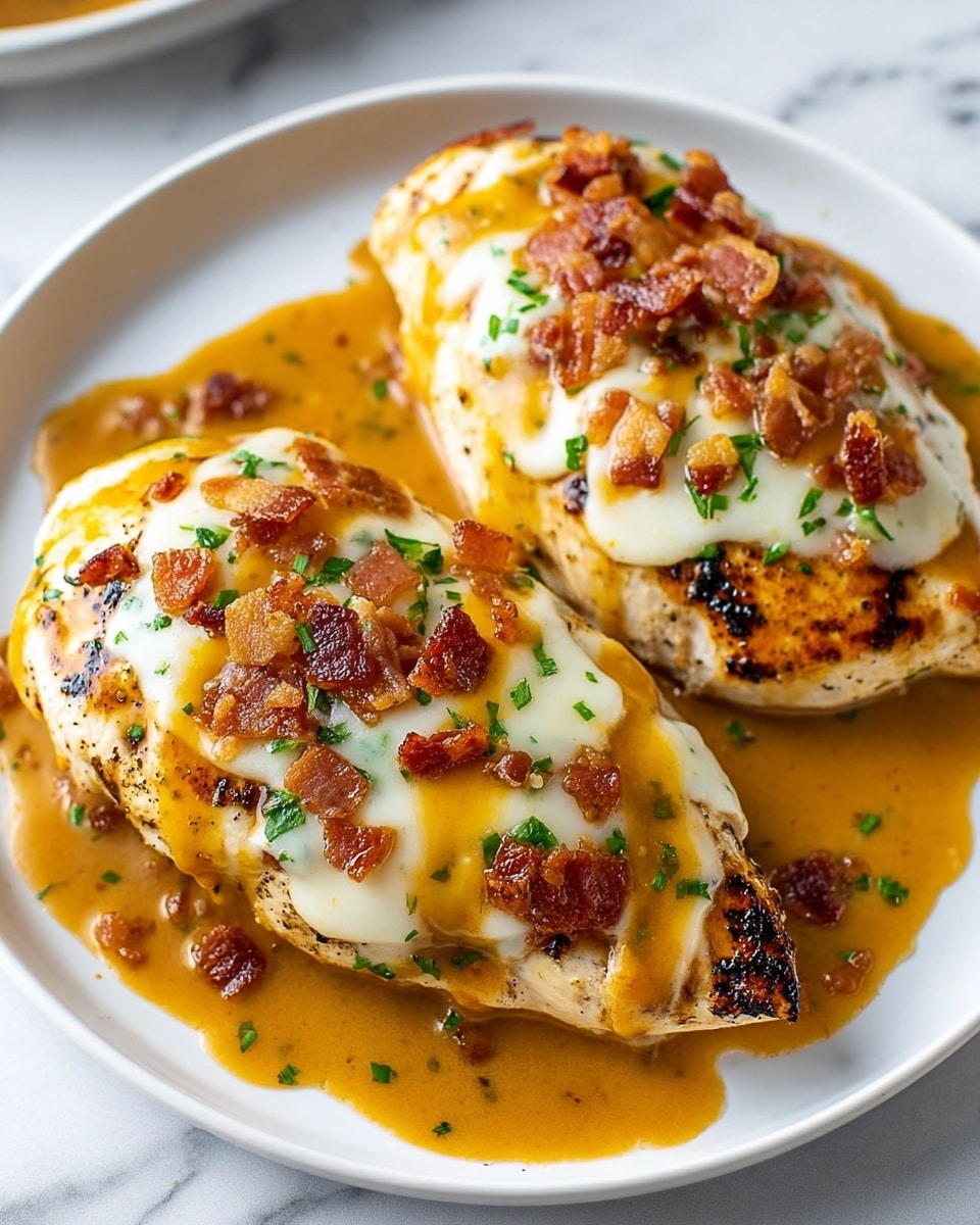 Two grilled chicken breasts sit on a white plate with a white marbled texture surface. Each chicken breast has a layer of melted white cheese on top, followed by a drizzle of golden-orange sauce that glistens under the light. Scattered over the sauce and cheese are small, crispy pieces of browned bacon and tiny green herb bits, adding contrast and color. The sauce pools slightly around the edges of the chicken, showing a rich and smooth texture. Photo taken with an iphone --ar 4:5 --v 7