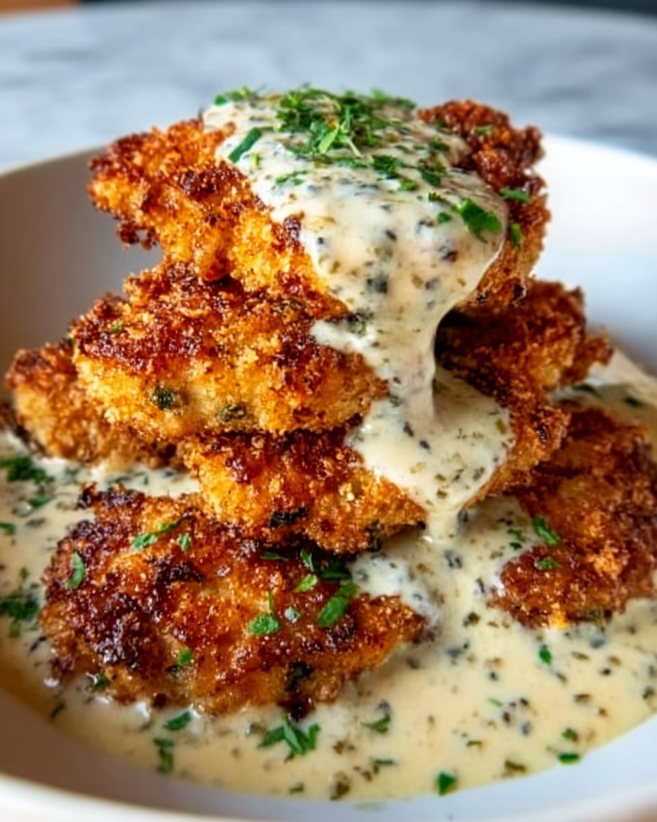 The dish shows golden brown fried chicken pieces stacked in a shallow white bowl, each piece having a crispy, textured crust with dark and light brown spots. A creamy white sauce with green herbs is poured over the top, covering part of the chicken and pooling around the base of the pieces. The sauce looks smooth and thick, blending with the crispy texture below. The background is a white marbled texture. photo taken with an iphone --ar 4:5 --v 7