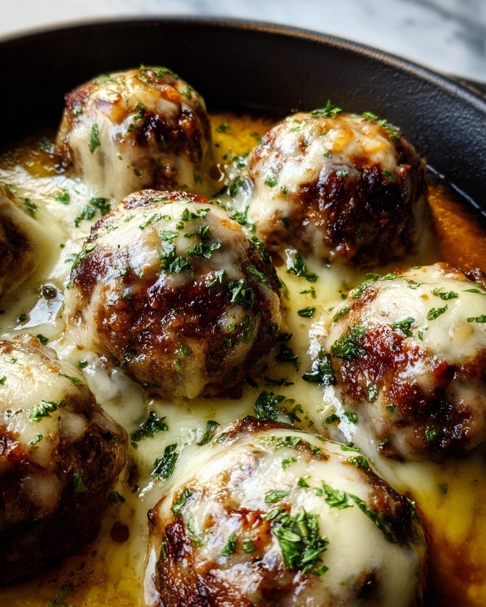 Six browned meatballs covered with melted white cheese and sprinkled with finely chopped green herbs sit closely together in a shallow black pan filled with a golden sauce. The cheese stretches slightly over the top and sides of each meatball, creating a smooth, creamy texture contrasted by the meatballs' crispy, dark browned outer layer. The herbs add small outlines of green, giving a fresh look to the rich dish. The pan rests on a white marbled surface, and the photo focuses closely on the meatballs, highlighting their juicy and gooey details. photo taken with an iphone --ar 4:5 --v 7