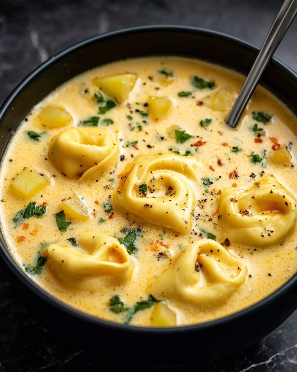 A close-up of a black bowl filled with creamy yellow soup, with five tortellini floating evenly on top. The soup is thick and smooth, mixed with small cubes of light yellow potatoes and garnished with chopped green herbs and a sprinkle of black pepper. A silver spoon is placed inside the bowl on the right side, partially submerged in the soup. The bowl rests on a dark surface that is replaced with a white marbled texture. photo taken with an iphone --ar 4:5 --v 7