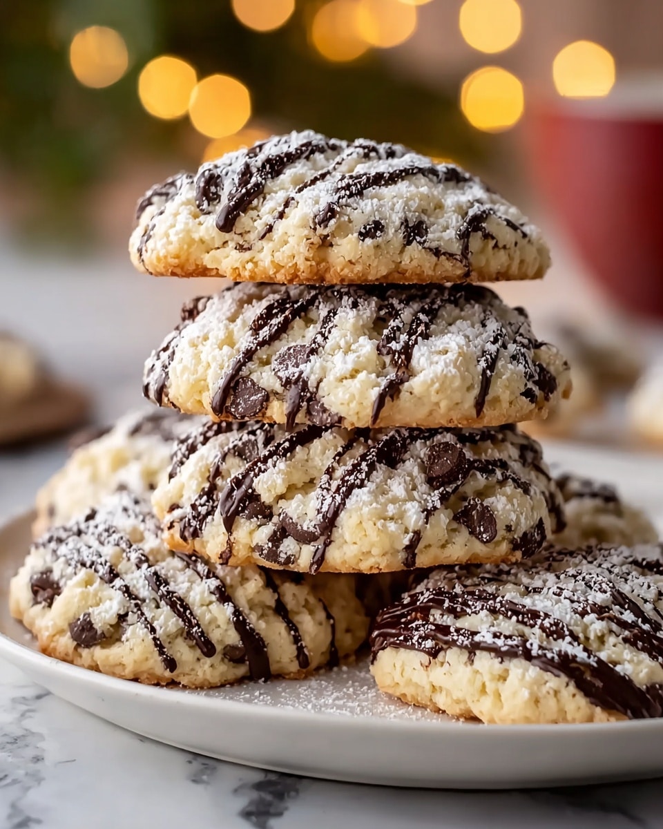 A white plate stacked with five thick, soft cookies, each cookie pale golden with a rough texture and studded with dark brown chocolate chips. The cookies are drizzled with dark chocolate in thin, irregular stripes and lightly dusted with white powdered sugar, giving a snowy look. The cookies are arranged in a small, uneven pile, showing the fluffy inside and crisp edges. The background has warm, blurred lights creating a cozy atmosphere on a white marbled surface. photo taken with an iphone --ar 4:5 --v 7