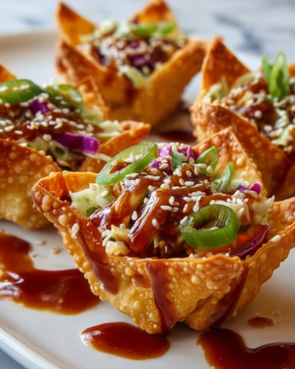 The image shows several crispy wonton cups filled with a colorful mixture. Each cup has three visible layers: the bottom is the golden brown, crunchy wonton shell, the middle is a tossed salad of purple cabbage and green onions, and the top is drizzled with a rich, dark brown sauce and sprinkled with white sesame seeds. The arrangement is on a white plate placed on a white marbled surface. The close-up shot captures the details of the textures and colors vividly. Photo taken with an iphone --ar 4:5 --v 7
